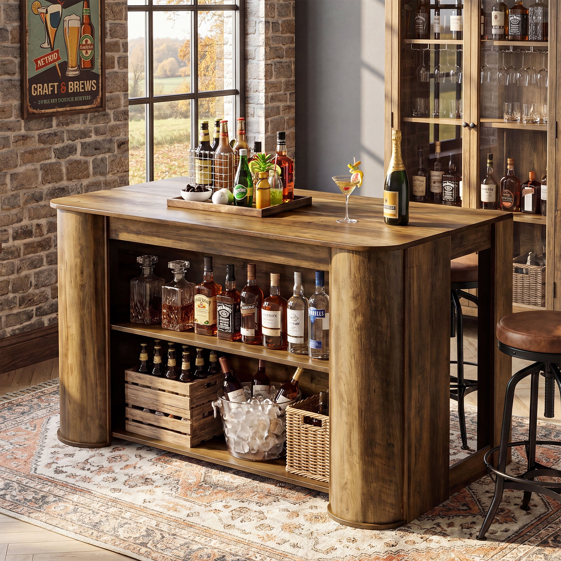 55" Kitchen Island, Farmhouse Stationary Island Table with 2-Tier Storage Shelves