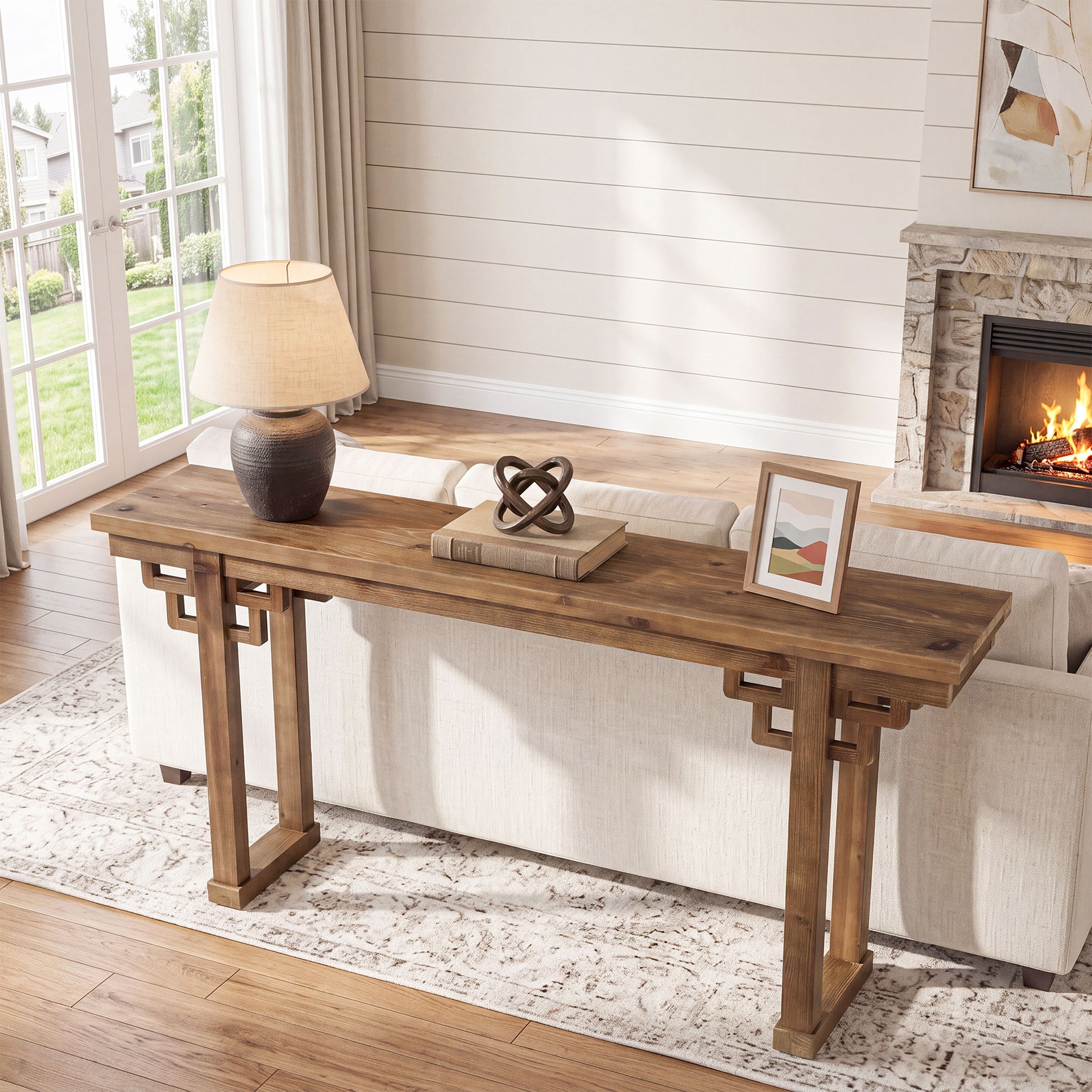 63" Farmhouse Console Table, Solid Wood Entryway Table, Thick Legs & Carved Detail