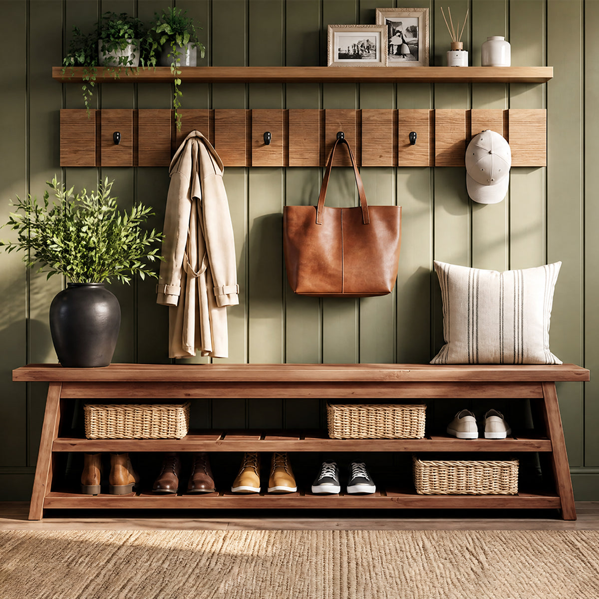 3-Piece Solid Wood Entryway Set, 63" W Coat Rack Set with Bench
