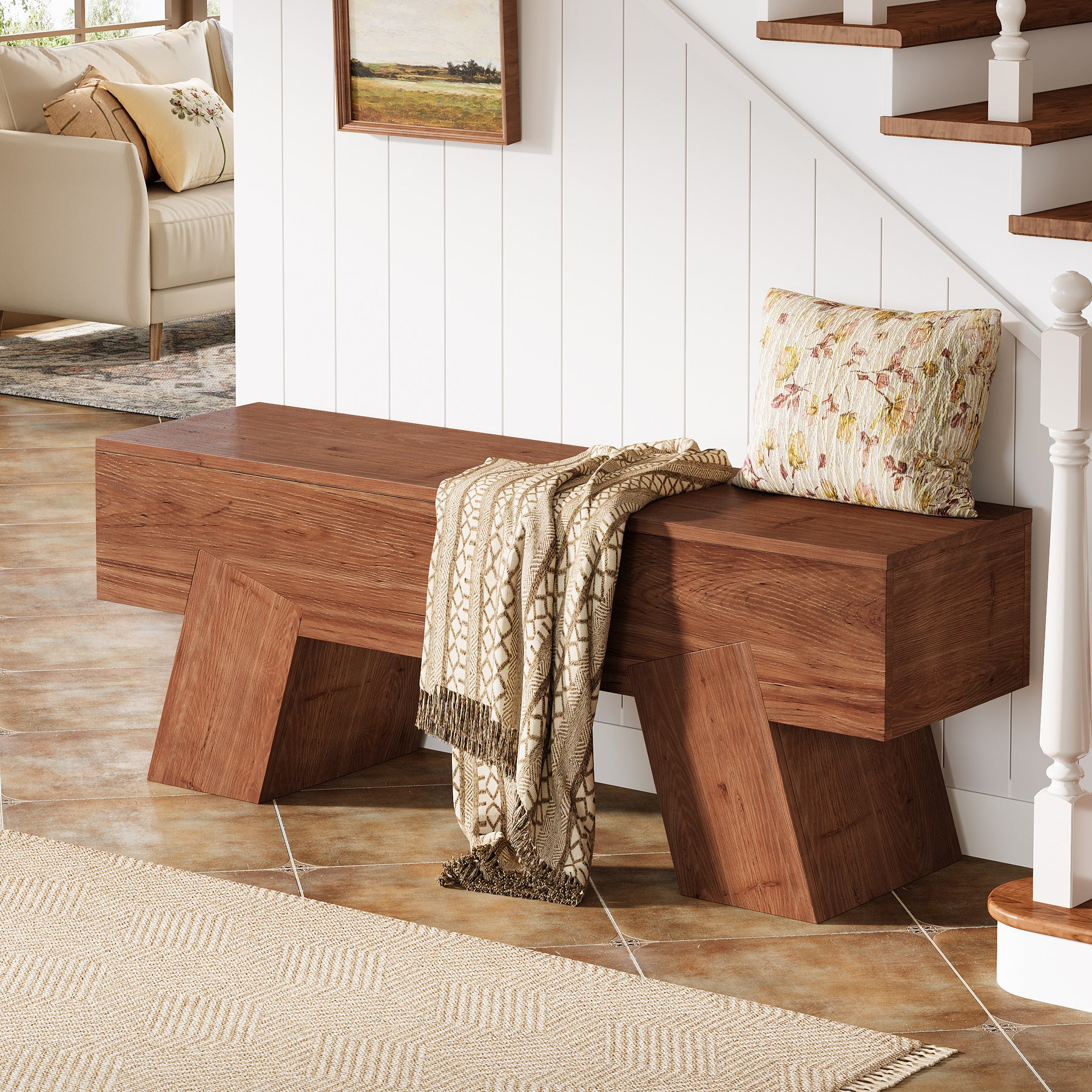 47" Solid Wood Shoe Bench, Indoor End of Bed Bench with Sturdy Legs