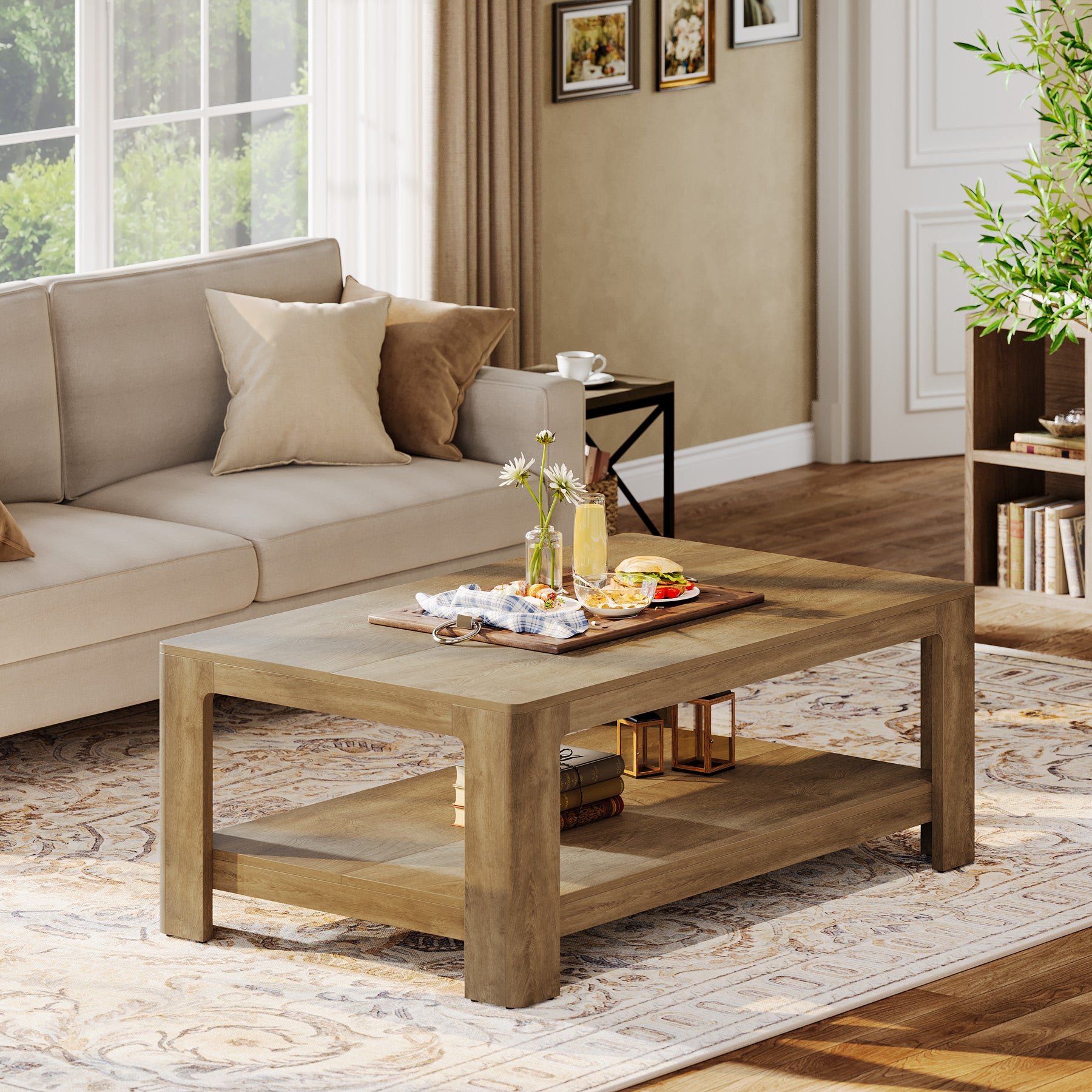 47.24" Rectangular Coffee Table with 2-Tier Storage, Wood Center Table for Living Room