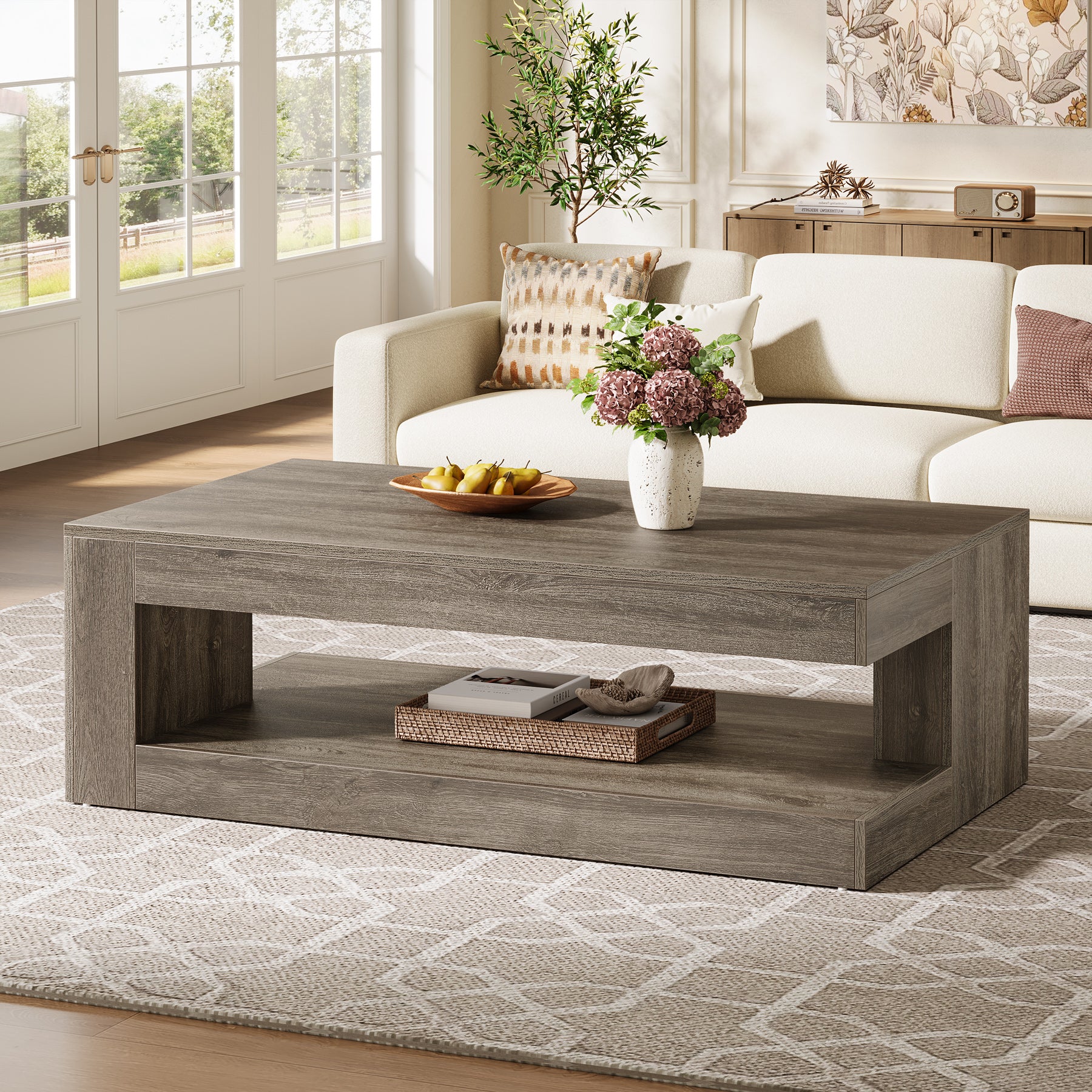 47.24" Coffee Table, Farmhouse 2-Tier Tea Cocktail Table with Storage