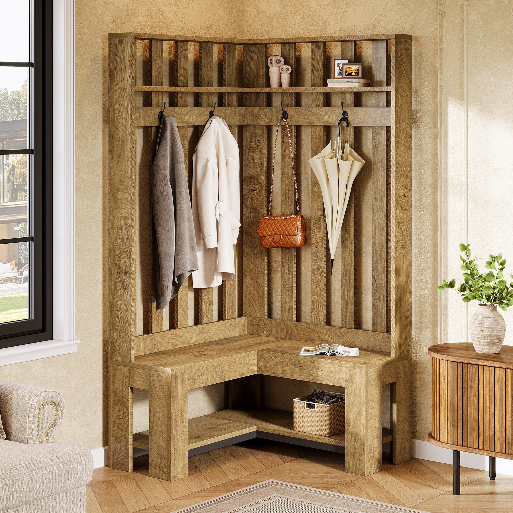 70.8" L-Shaped Coat Rack, Corner Hall Tree with 4 Hooks & Shoe Storage