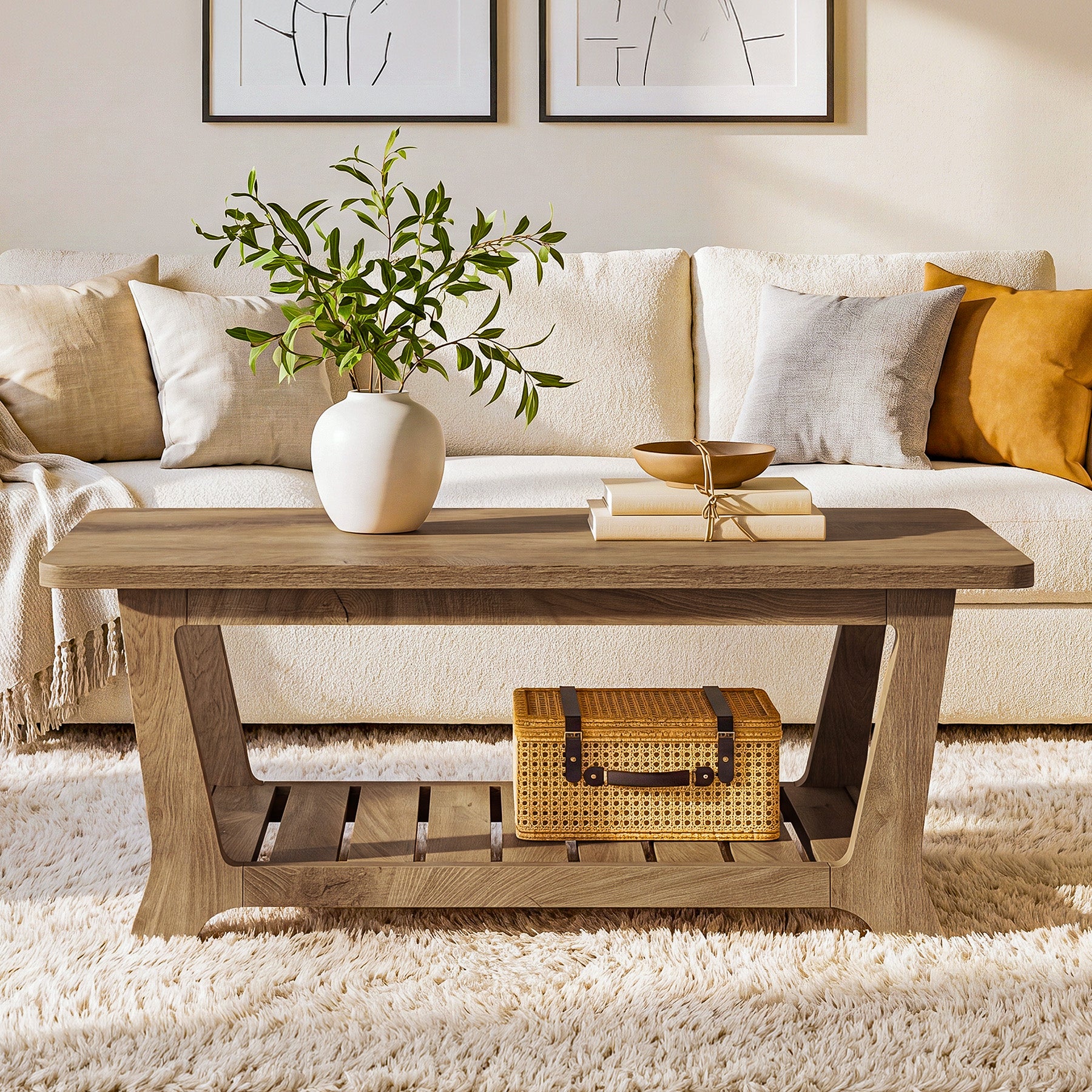 Rectangle Coffee Table, 47.24" Farmhouse Center Table with Shelves for Living Room