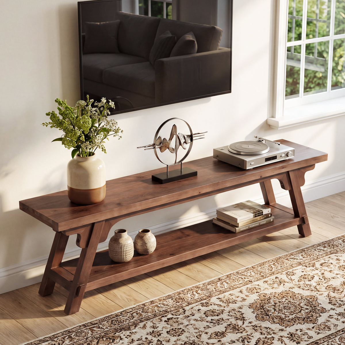 63" Farmhouse Solid Wood TV Stand for 75" TV, TV Console Entertainment Center