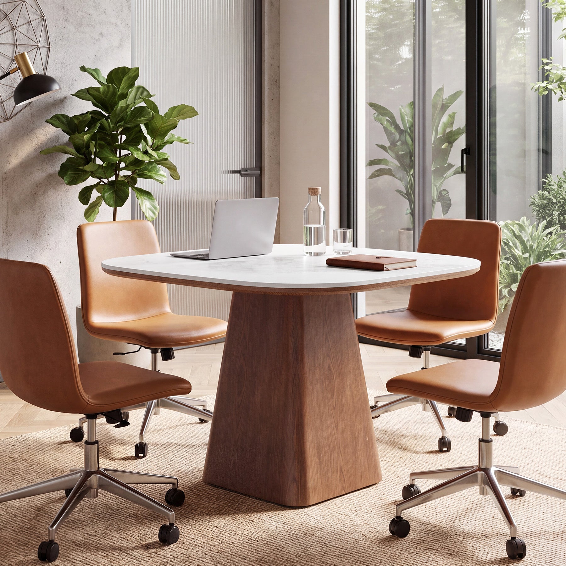 35.4" Conference Table with Sintered Stone Top, Small Square Meeting Table, Solid Wood Base