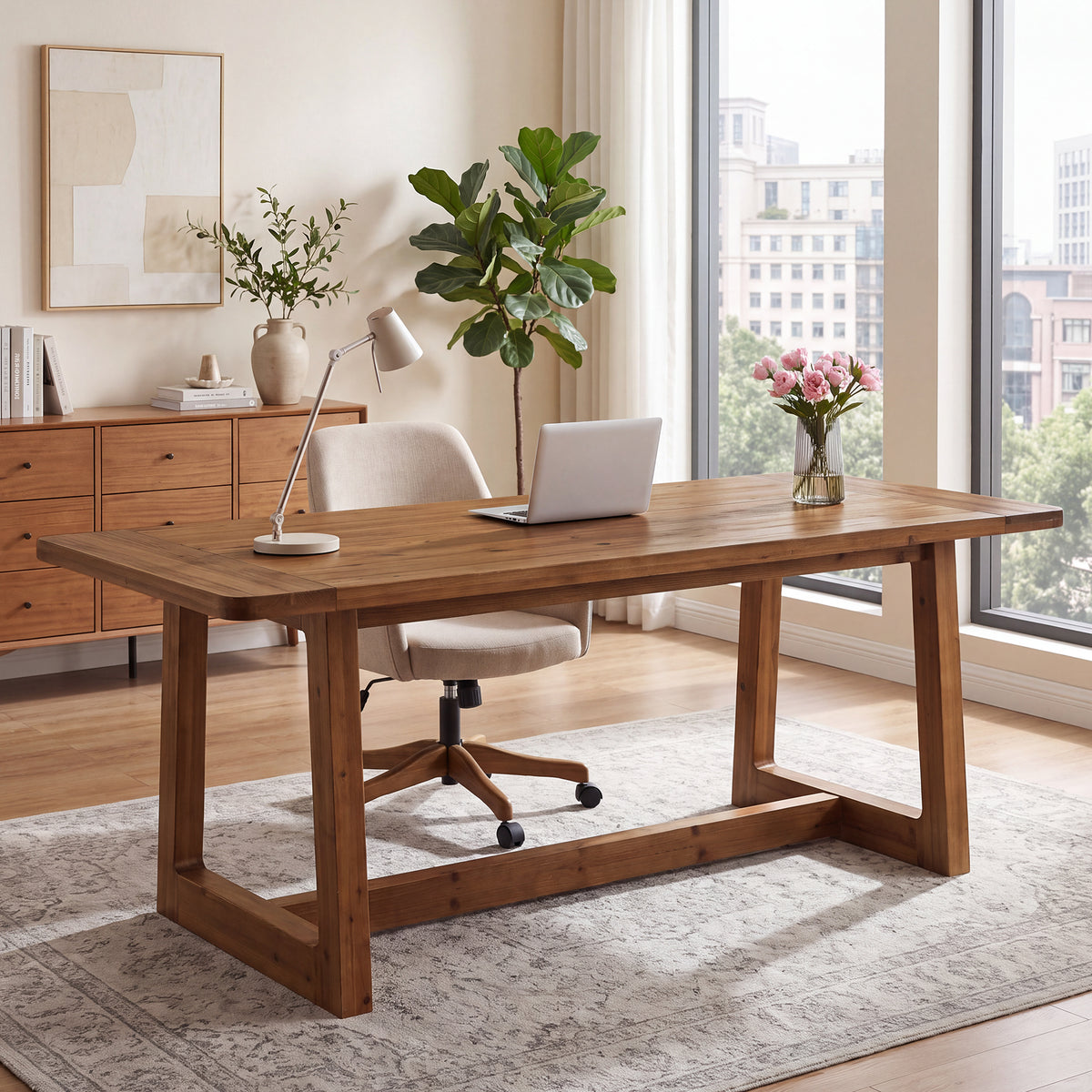 71" Solid Wood Executive Desk, Wooden Computer Writing Table with Sturdy Base for Home Office