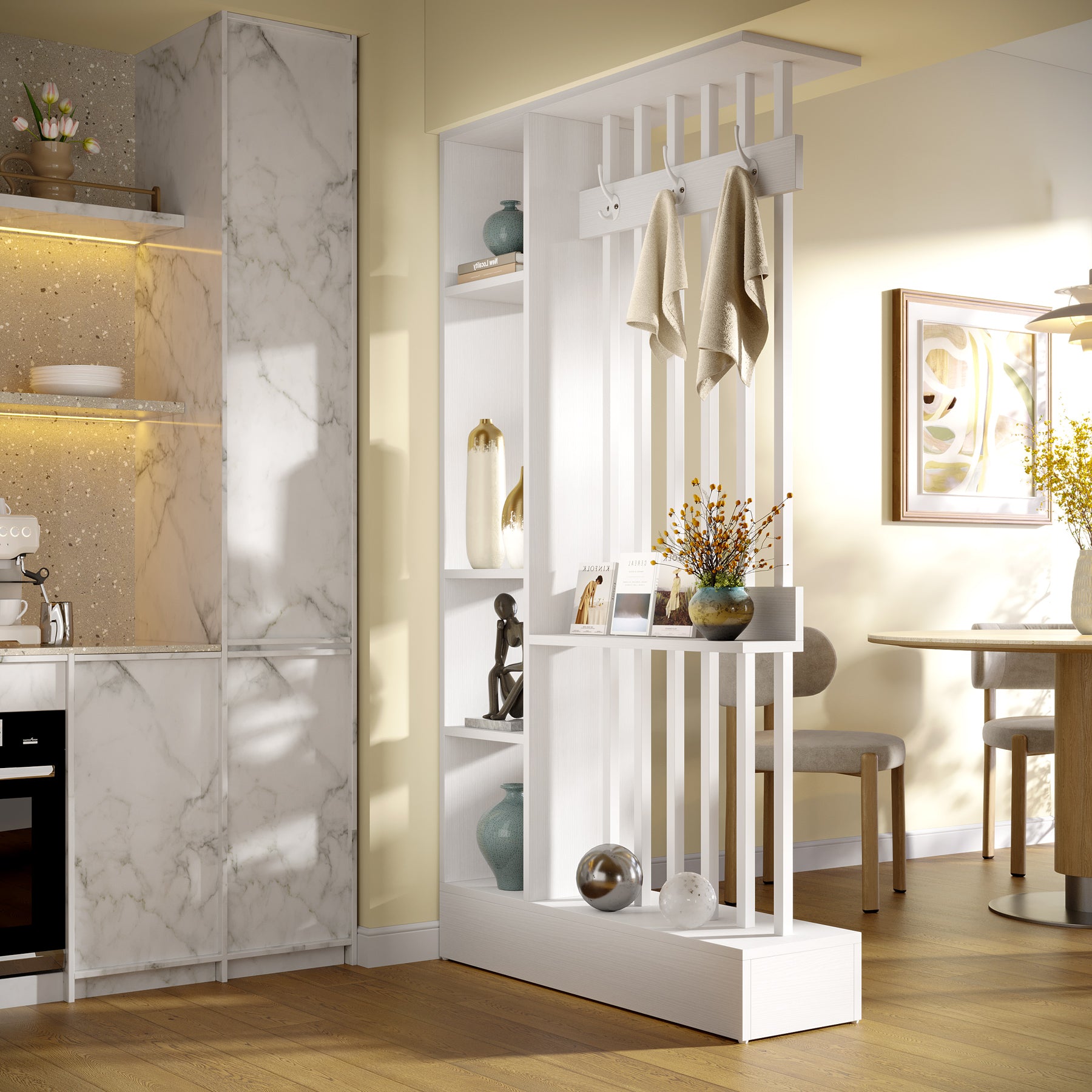 71" Wall Room Divider, Wood Freestanding Wall Partition Bookcase with Coat Hooks