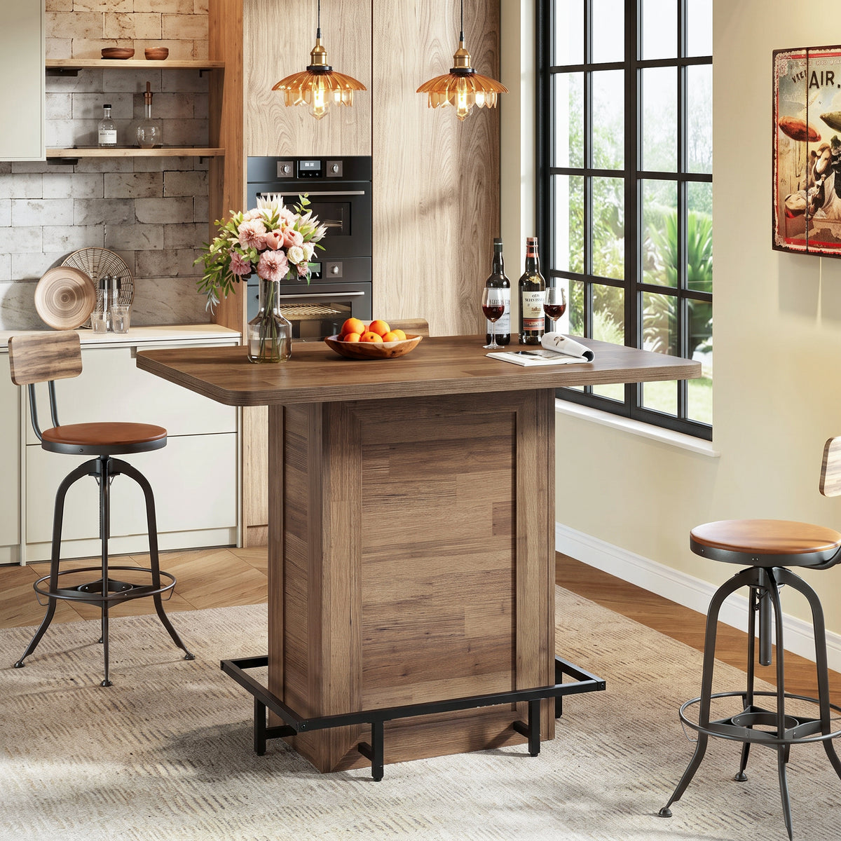 47.24" Bar Table, Farmhouse High-Top Pub Table with Metal Footrest & Adjustable Feet