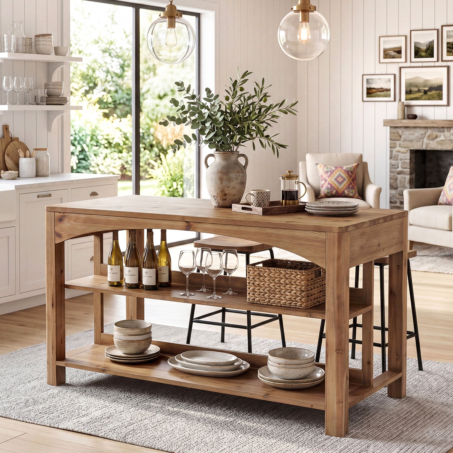 Tribesigns 59-Inch Kitchen Island, Solid Wood Island Table with 3-Tier Storage for Kitchen Dining Room