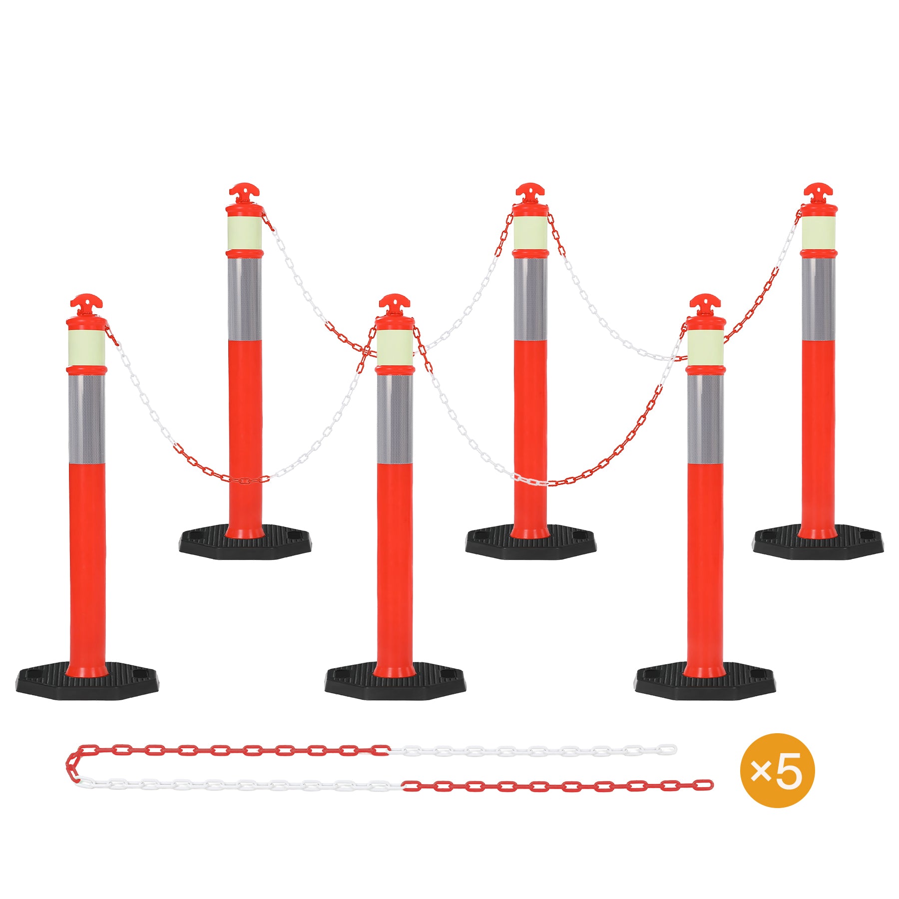 45" Reflective & Glow-in-the-Dark Traffic Delineator Posts with Heavy Rubber Base & Connecting Chains