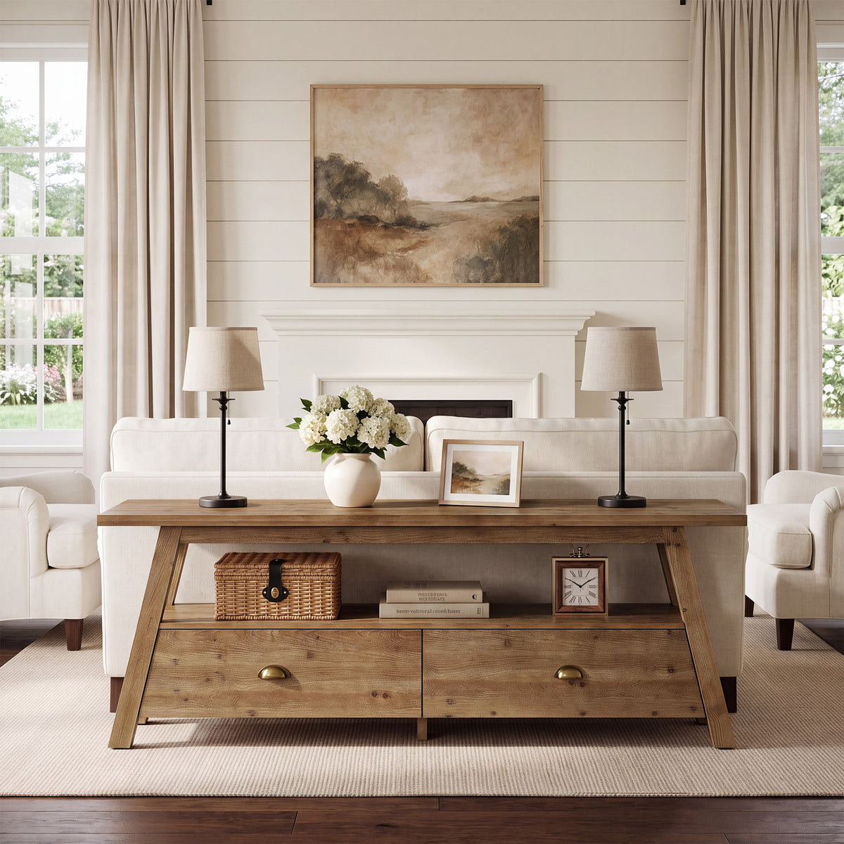 63" Console Table with Drawers, Farmhouse Solid Wood, 2-Tier A-Frame Entryway Table