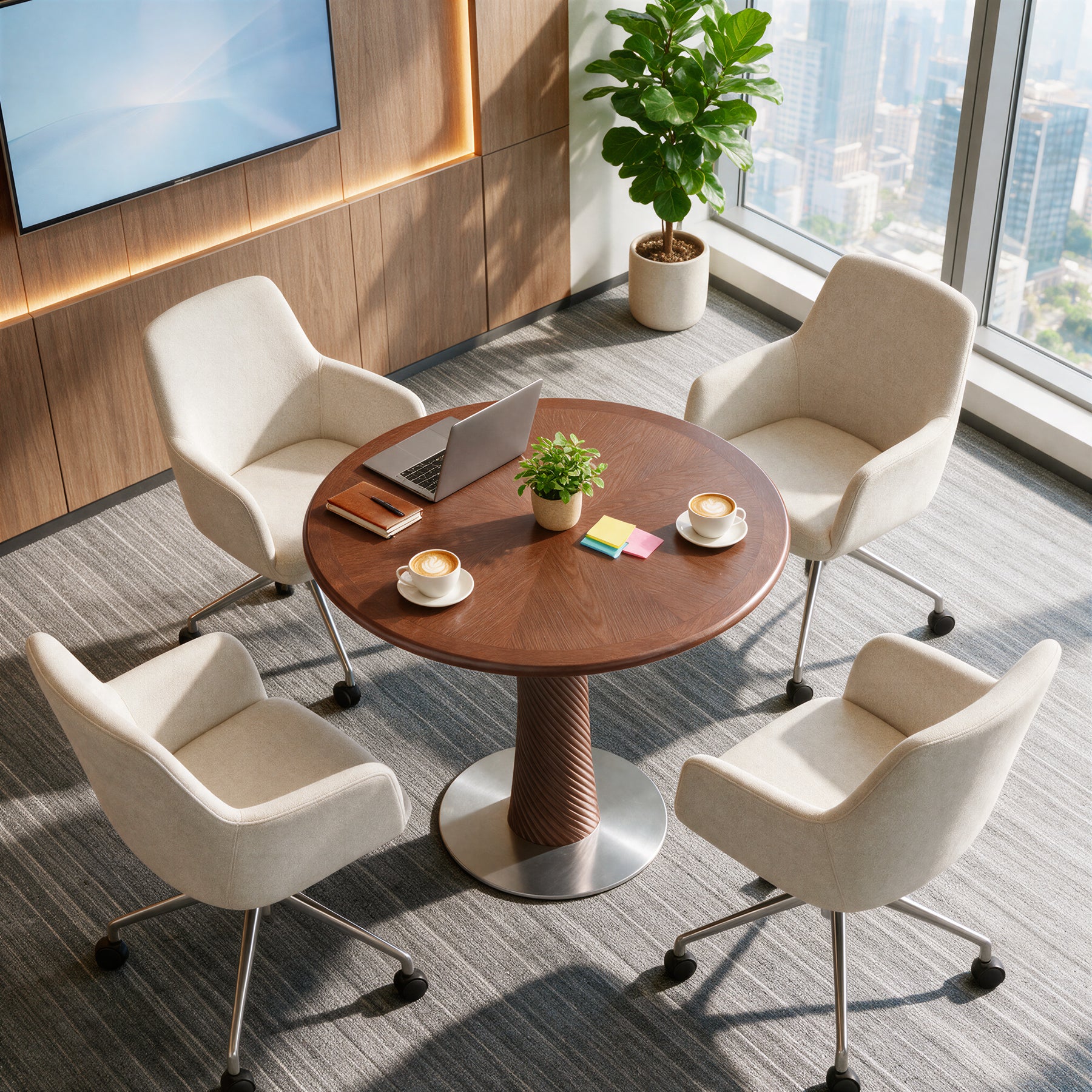 31.5” Solid Wood Conference Table, Round Meeting Table with Hourglass Pedestal for Home Office