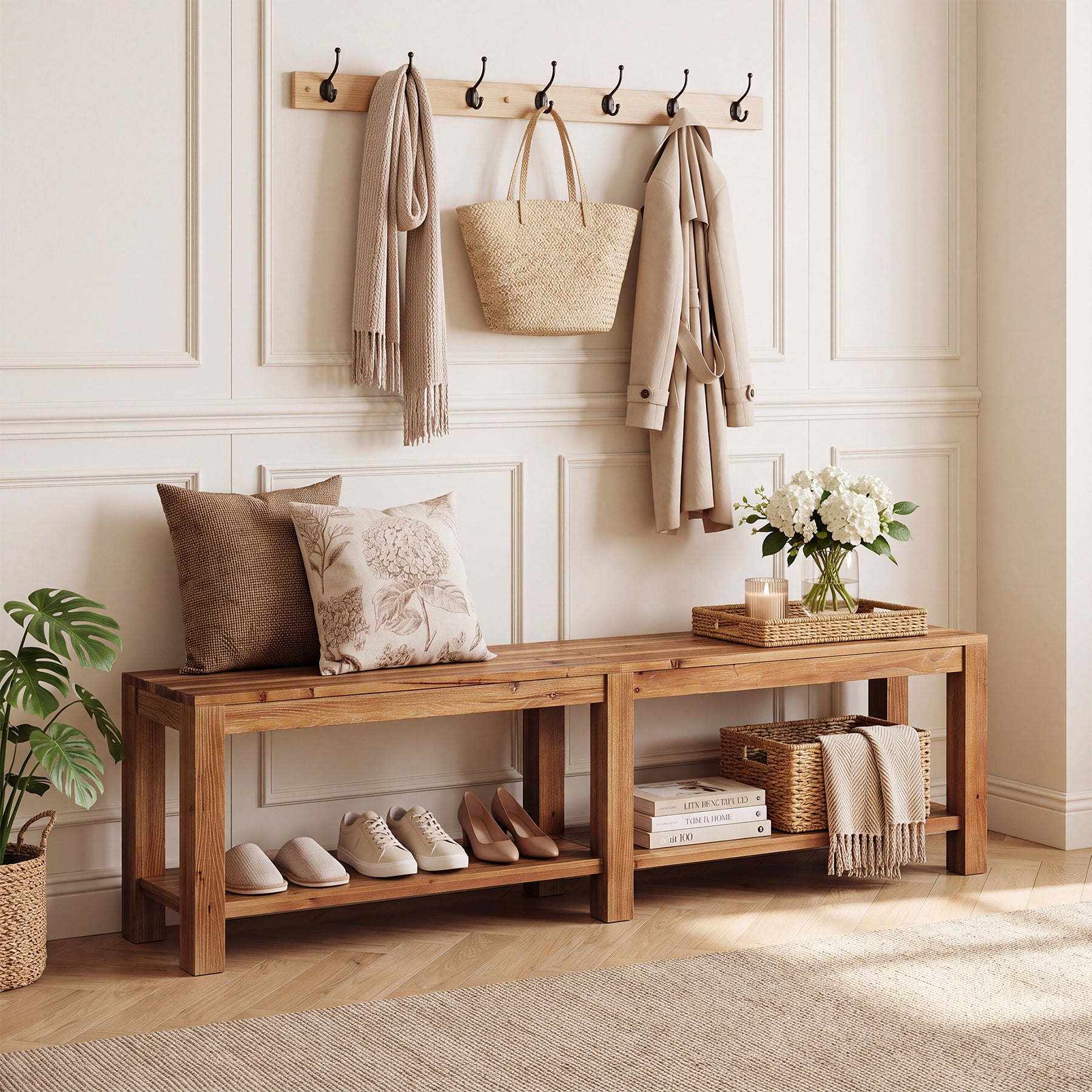 71" Farmhouse Entryway Bench with Storage Shelf, Solid Wood Shoe Bench, Hallway Mudroom