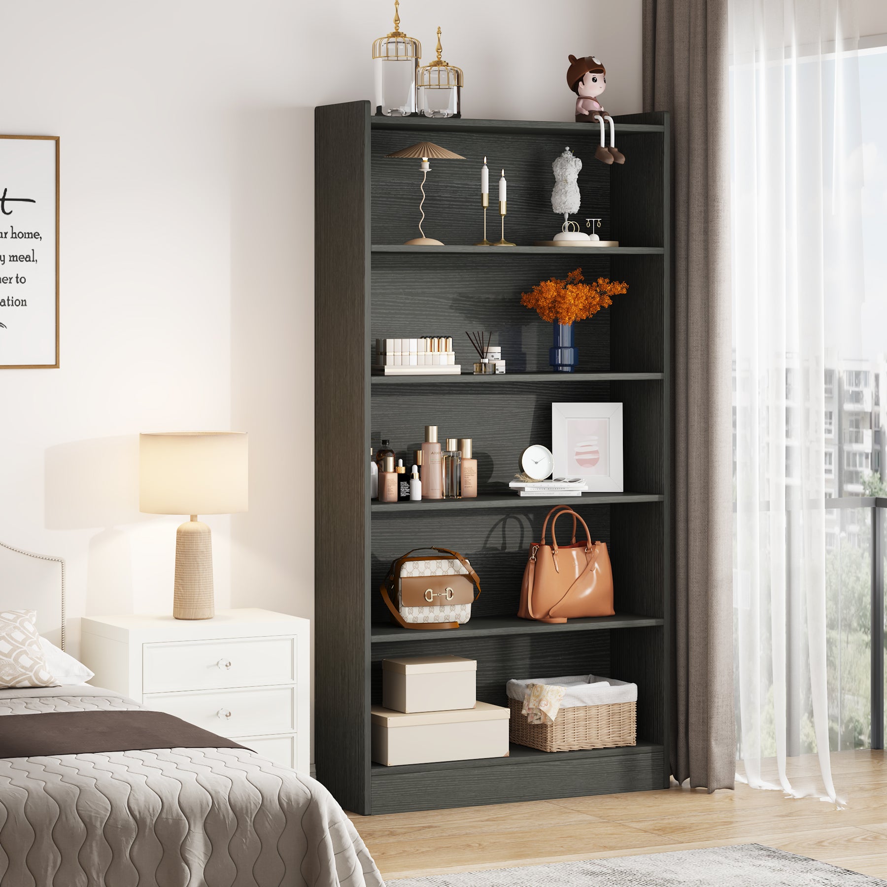 72" Tall Bookcase with 6 Open Shelves, Freestanding Wood Bookshelf