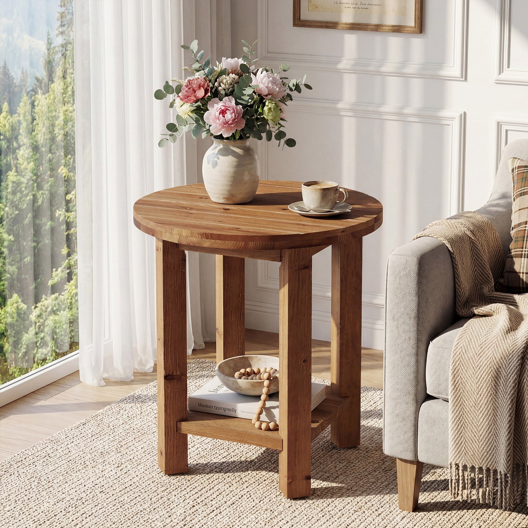 2-Tier End Table, Solid Wood Round Side Table with Grooved Textured Tabletop