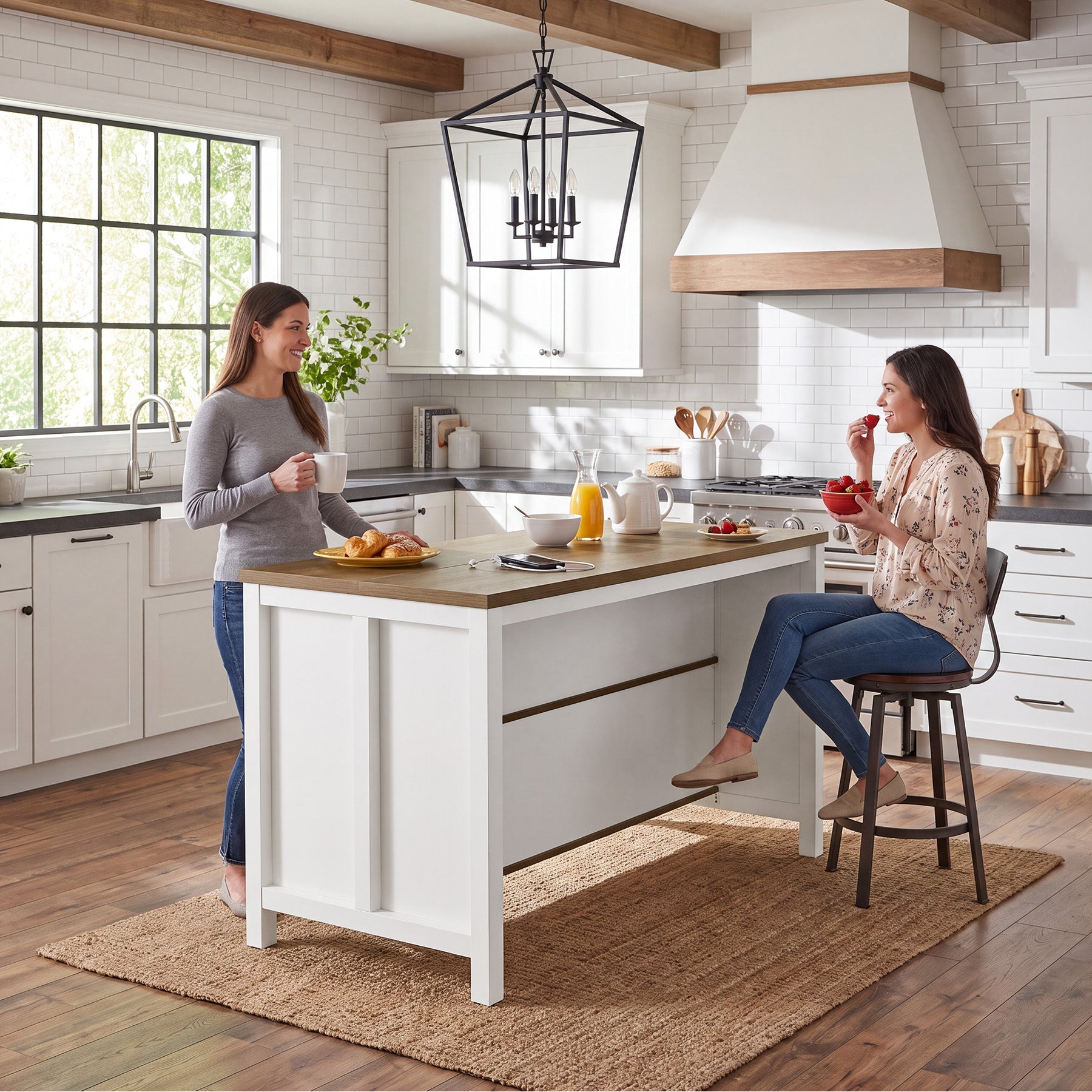 47" Kitchen Island, 2-Tier Farmhouse Wooden Stationary Island Table with Large Worktop