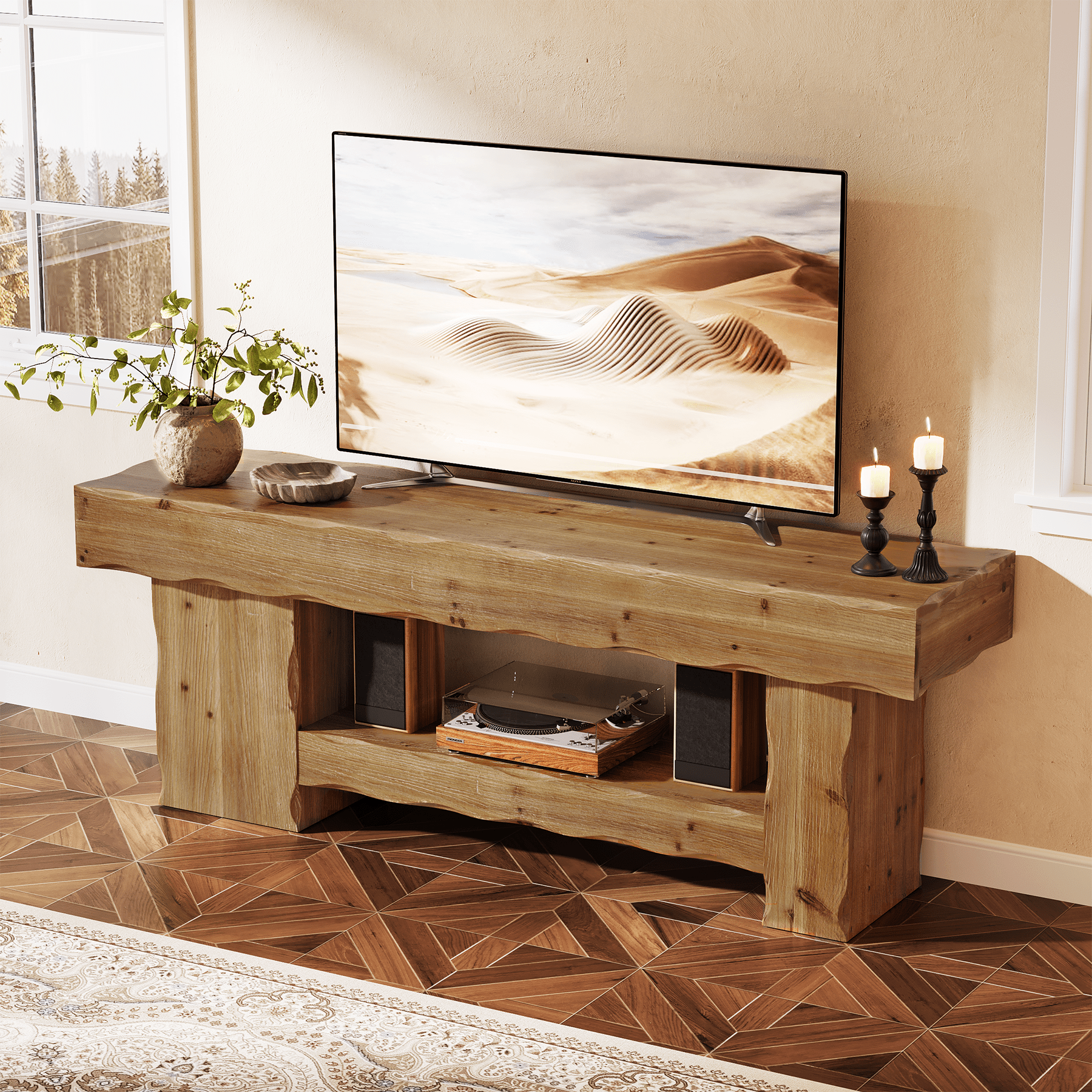 Solid Wood TV Stand for up to 75" TVs, 63" Media Console Entertainment with Shelves