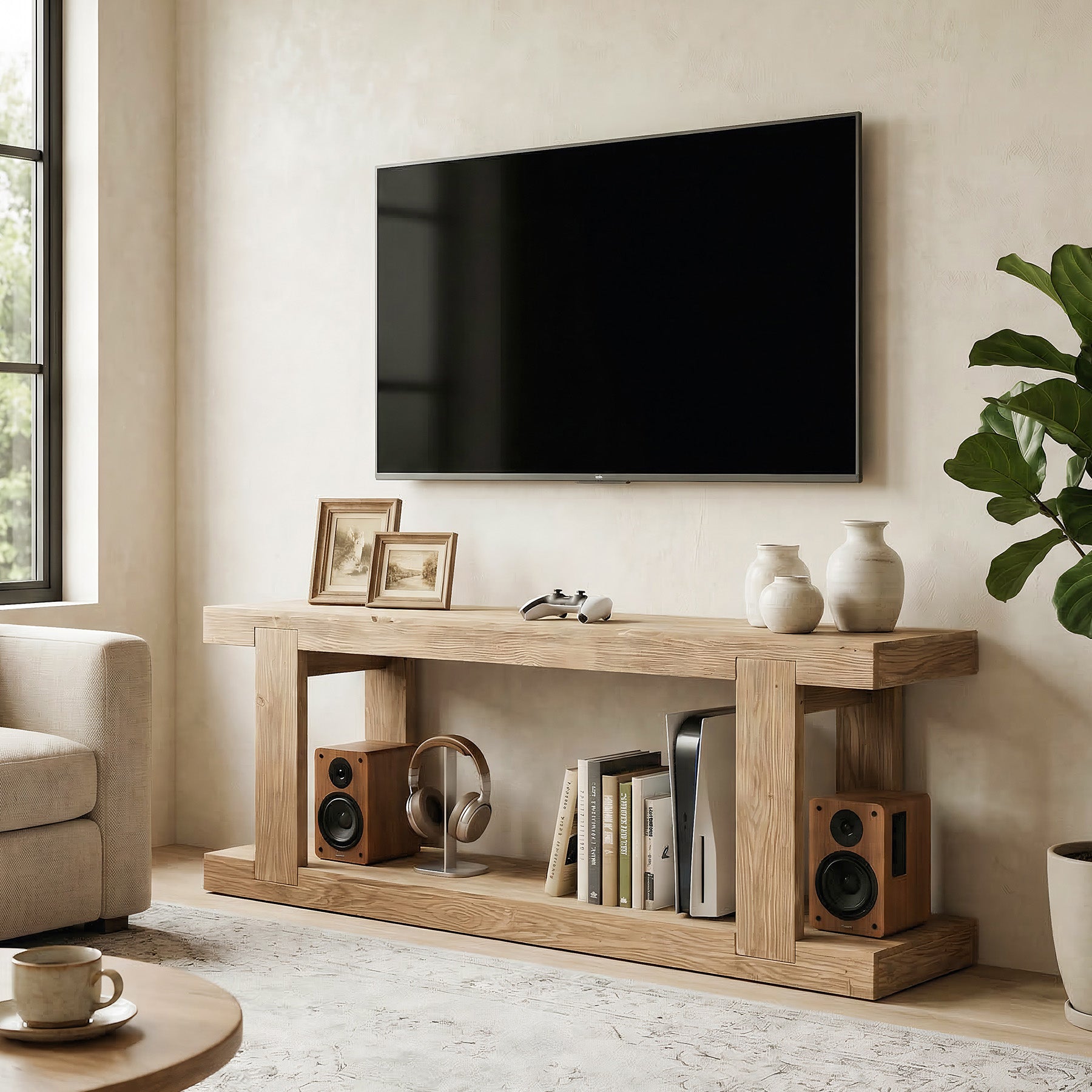Solid Wood TV Stand for up to 65" TVs, Rustic Media Console Table with Open Storage Space