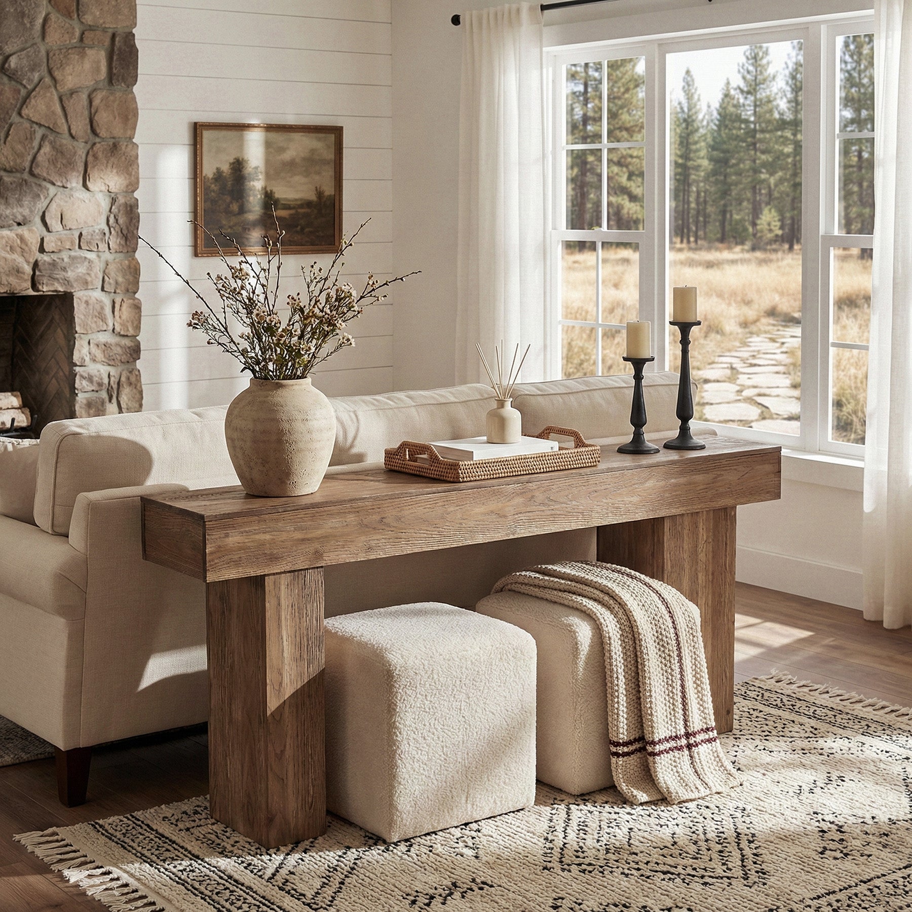 63" Solid Wood Farmhouse Console Table with Artistic Legs, Heavy-Duty Sofa Table