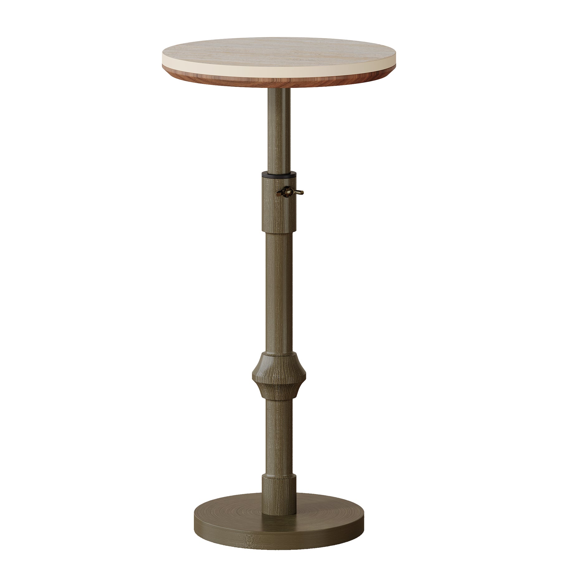 Adjustable-Height End Table with Travertine Top and Antique Brass Stand Base