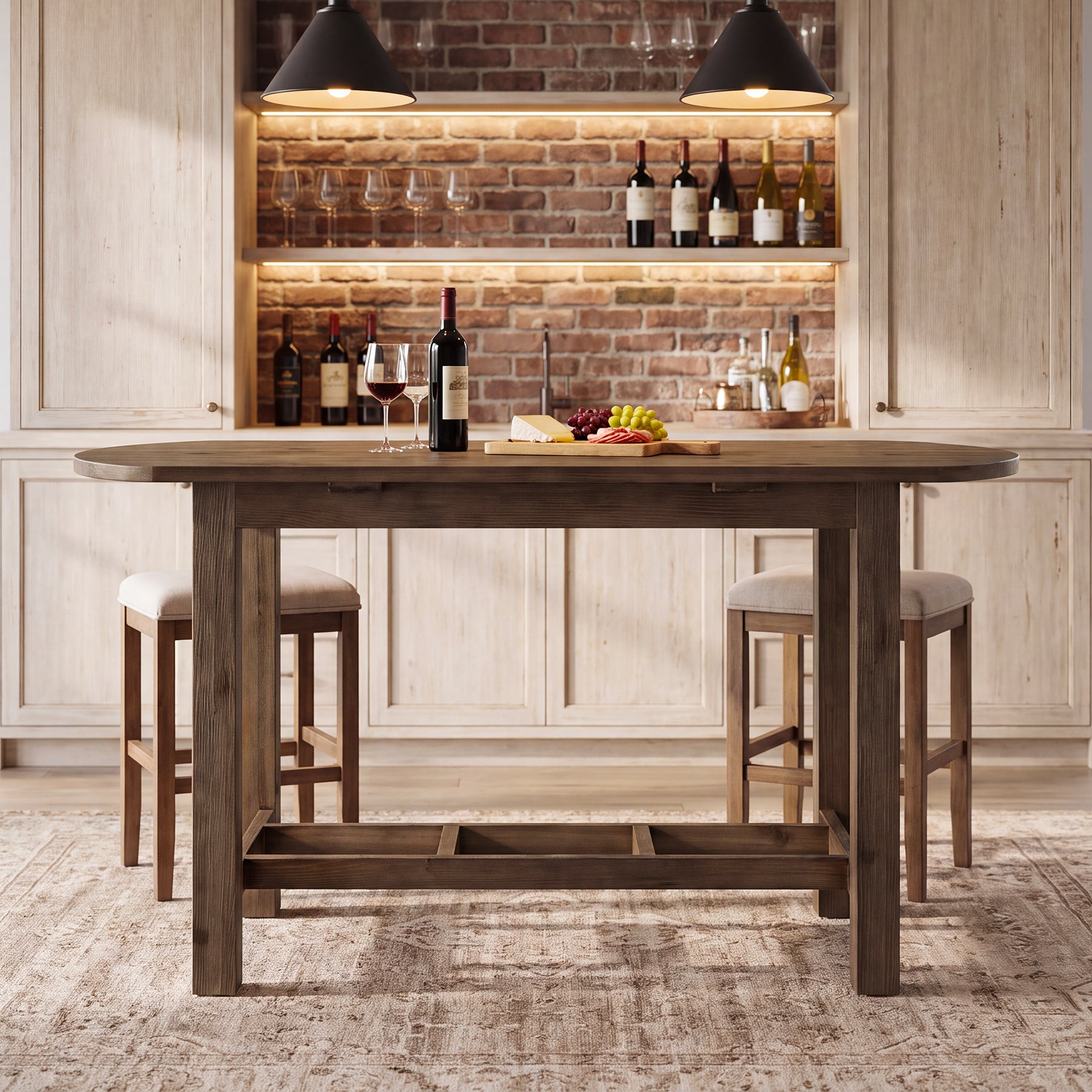 63" Solid Wood Bar Table, Oval Counter Height Pub Table with Footrest