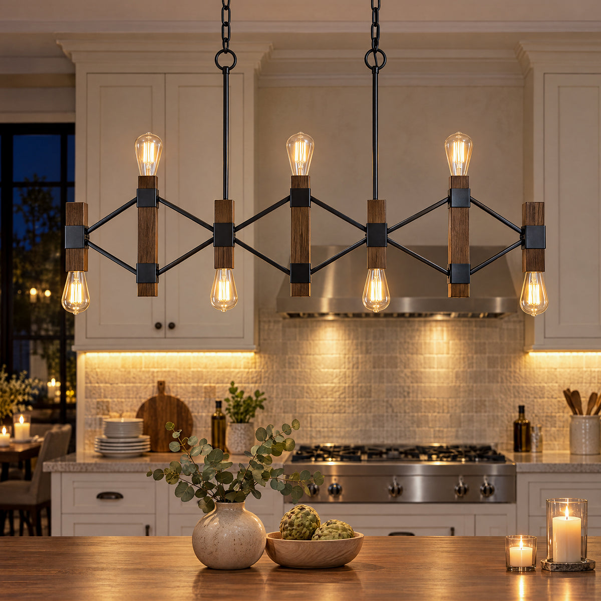 7-Light Farmhouse Linear Chandelier, Faux Wood Pendant Light with Black Metal