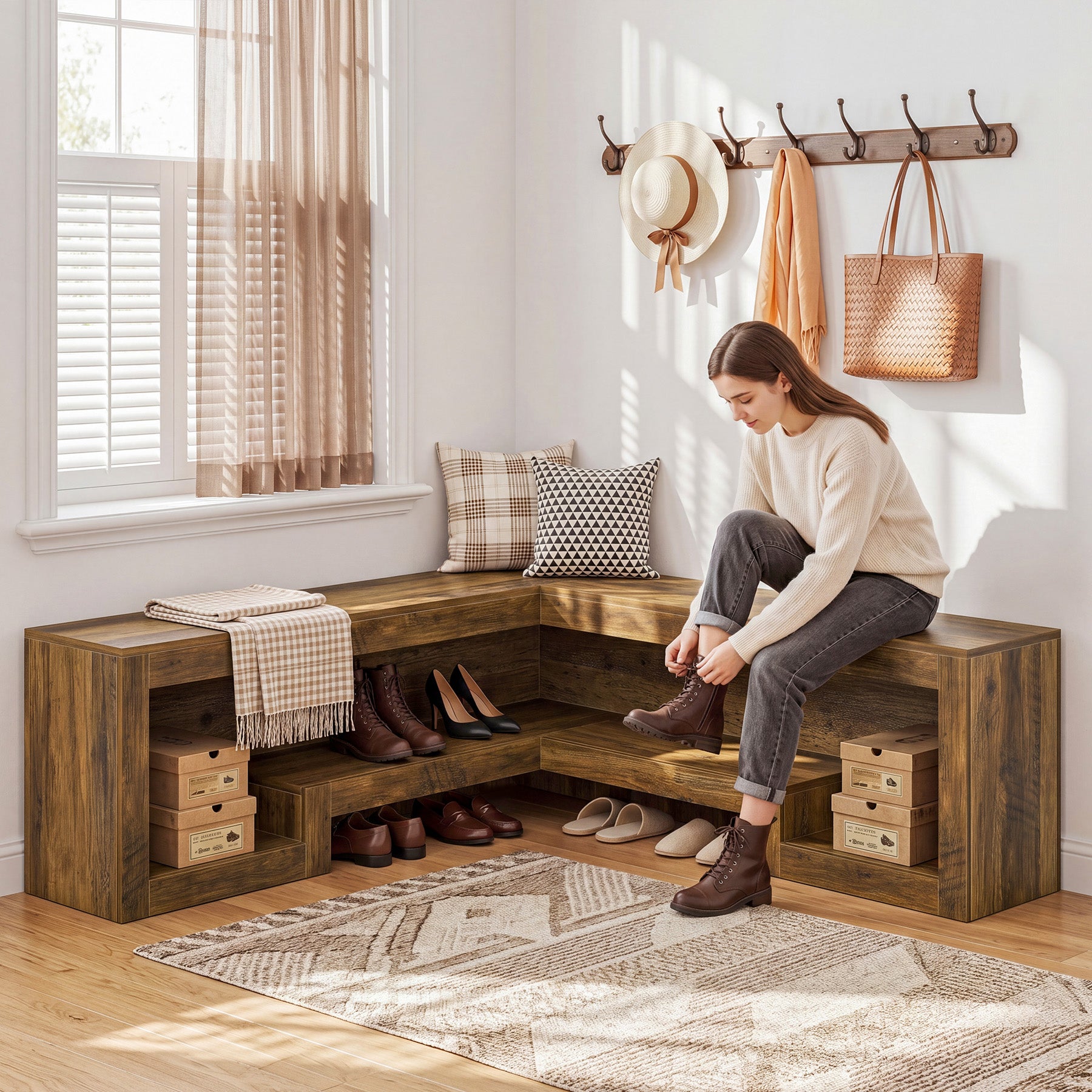 55“ L-Shaped Corner Bench, wooden Breakfast Nook Bench With Storage For Entryway
