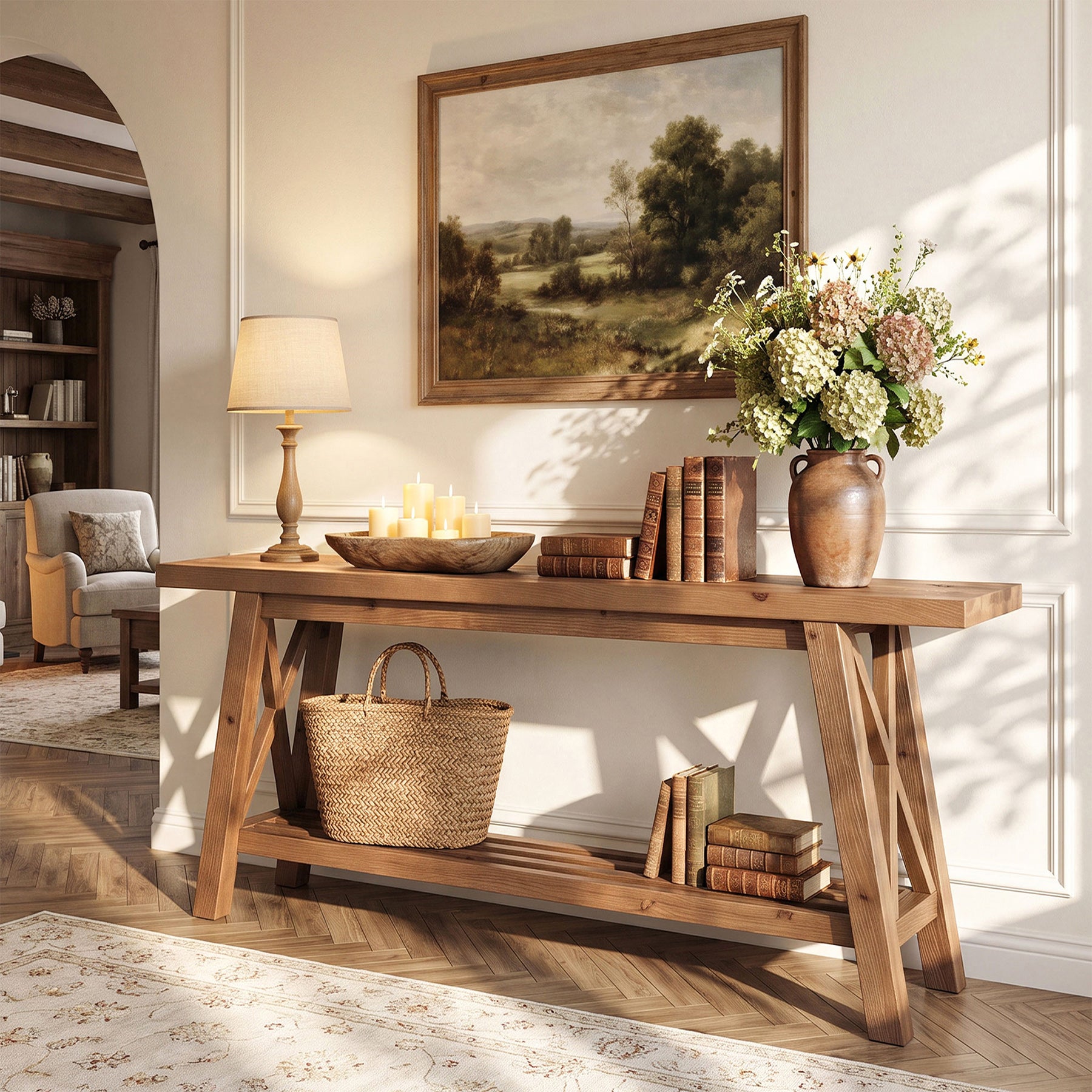 63" Console Table with Storage, Solid Wood X-Brace Sofa Table, 2-Tier Entryway Table