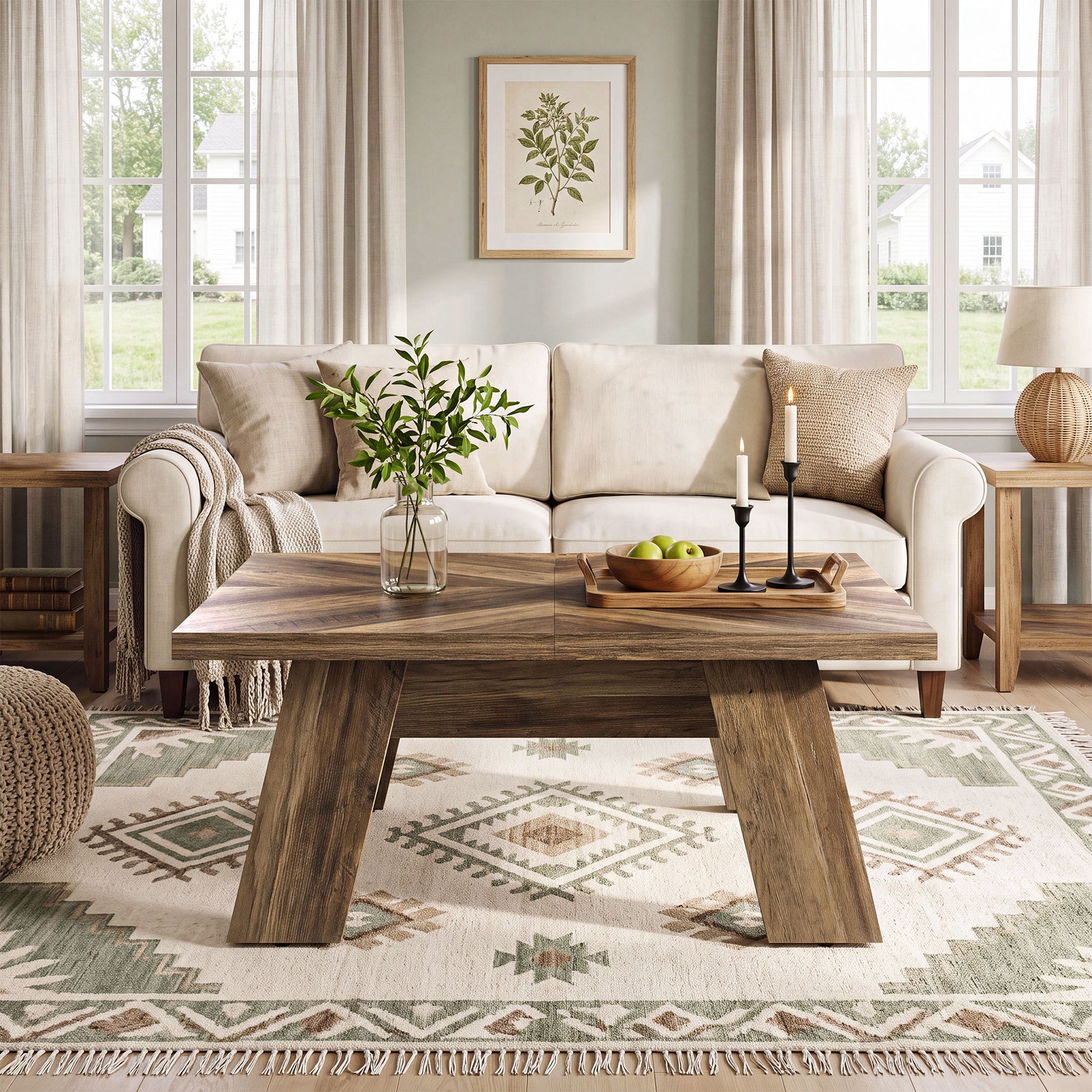 39.4" Square Coffee Table, Sturdy Center Table with Geometric Wood Grain
