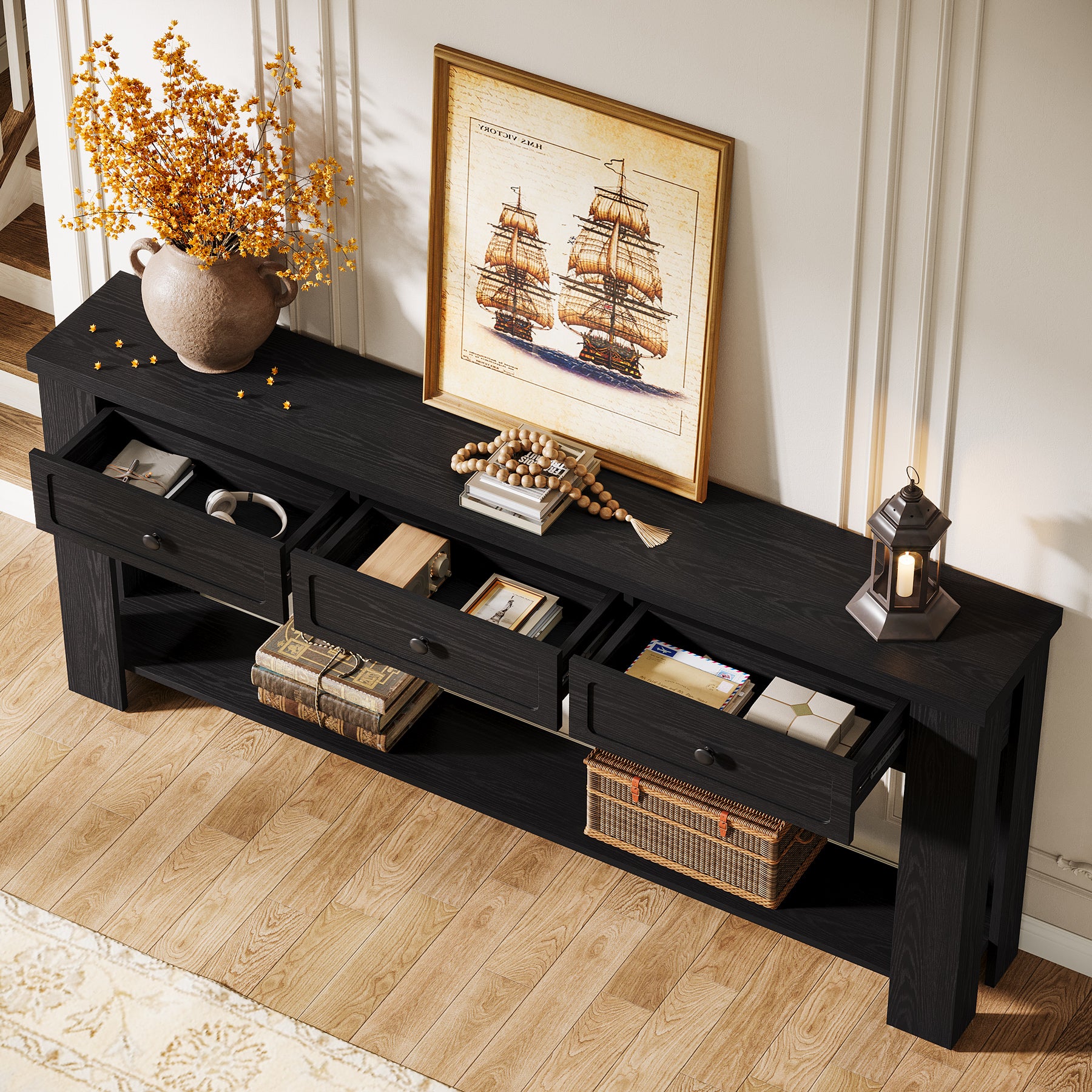 70.9" Extra-Long Console Table with 3 Drawers, Narrow Farmhouse Entryway Sofa Table with Shelf for Hallway or Behind Couch