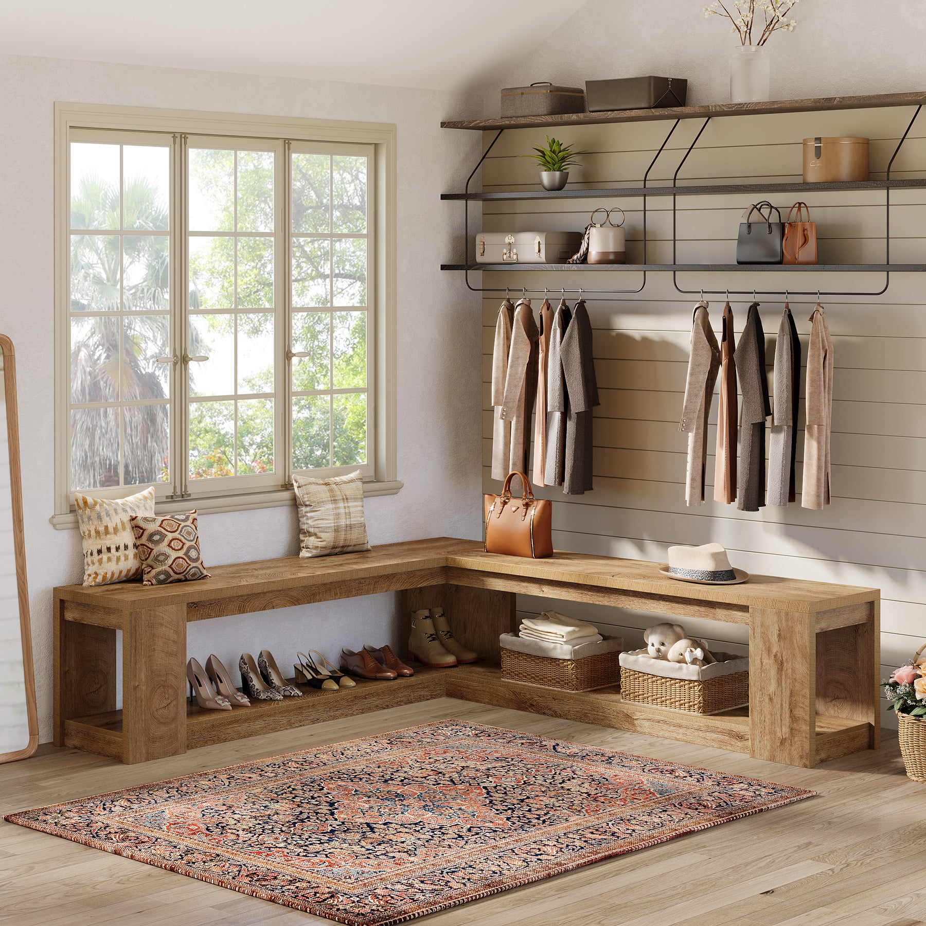 L-Shaped Bench with Storage, Corner Entryway Bench for Living Room