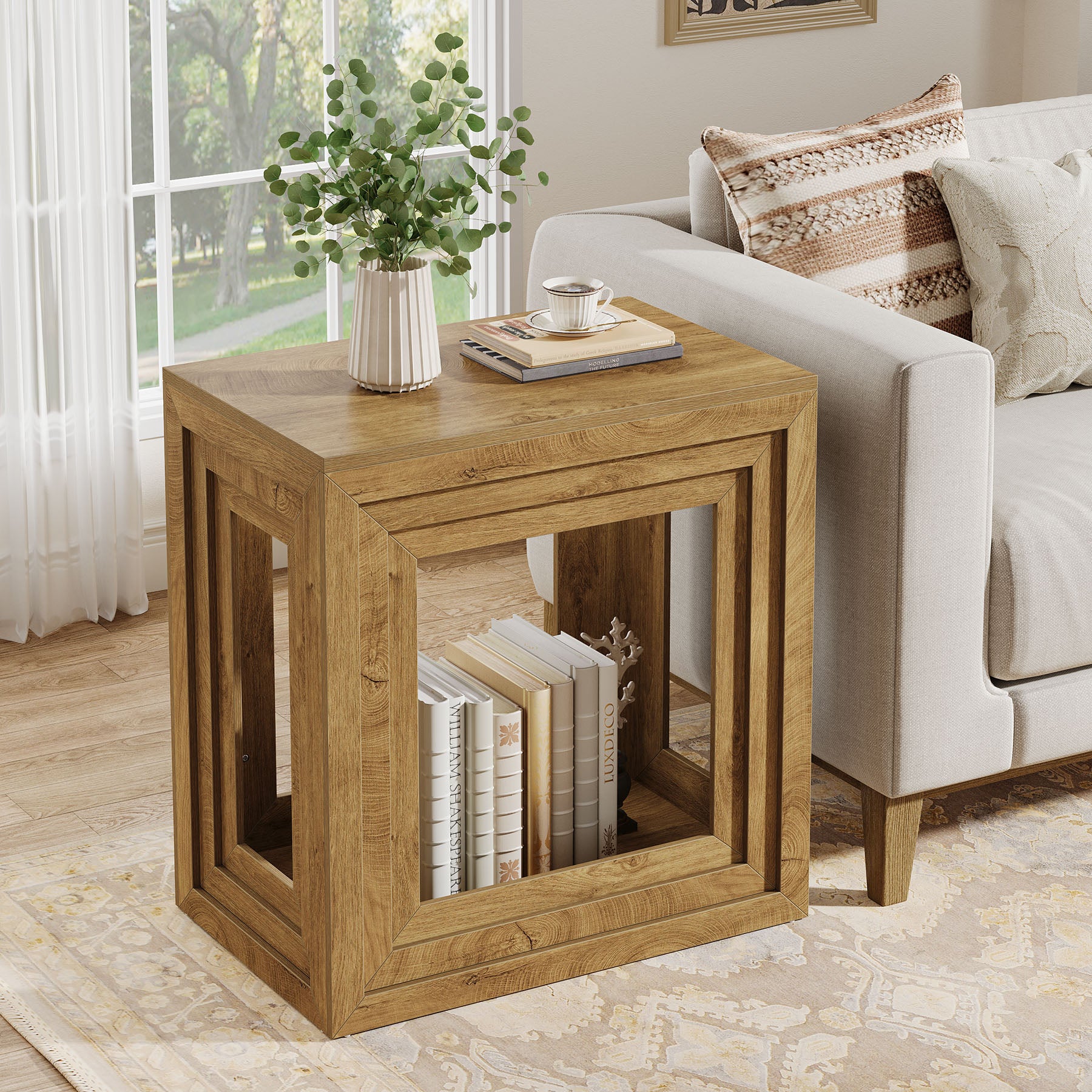 24” Square End Table, Farmhouse Side Table with 2-Tier Storage