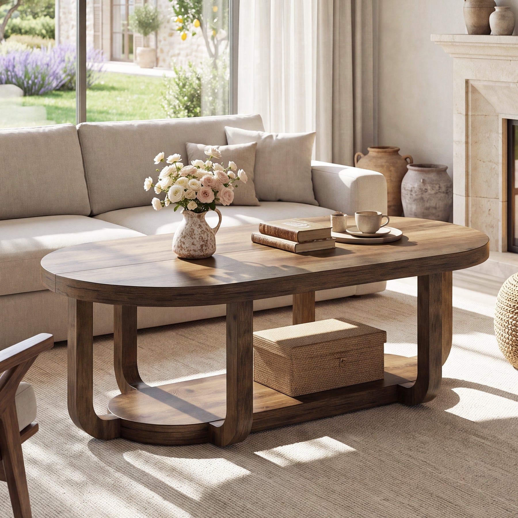 55-Inch Oval Coffee Table with 2-Tier Storage, Curved Leg Design for Living Room