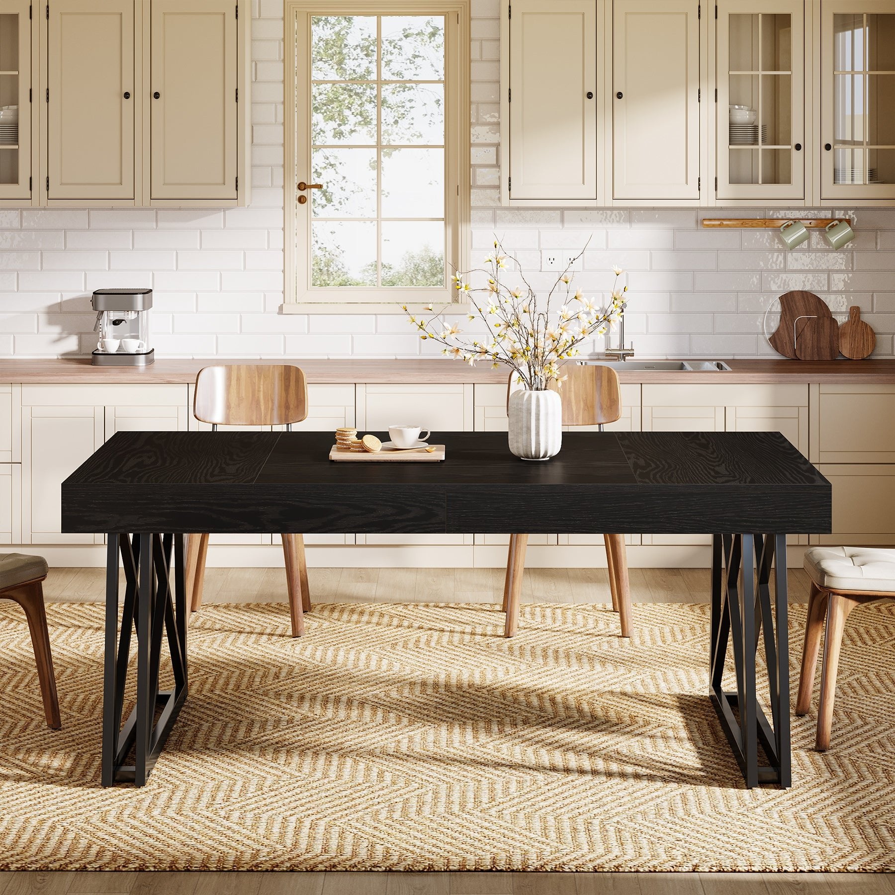 63" Dining Table, Farmhouse Kitchen Table with Sturdy Metal Legs for 4-6