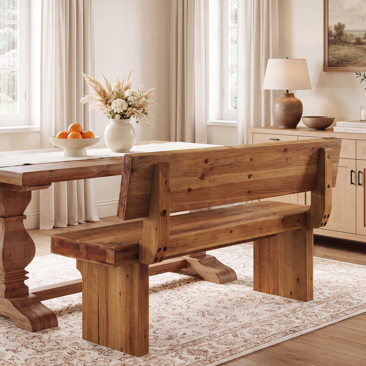 55" Solid Wood Dining Bench with Backrest, Kitchen Bench for Breakfast Nook
