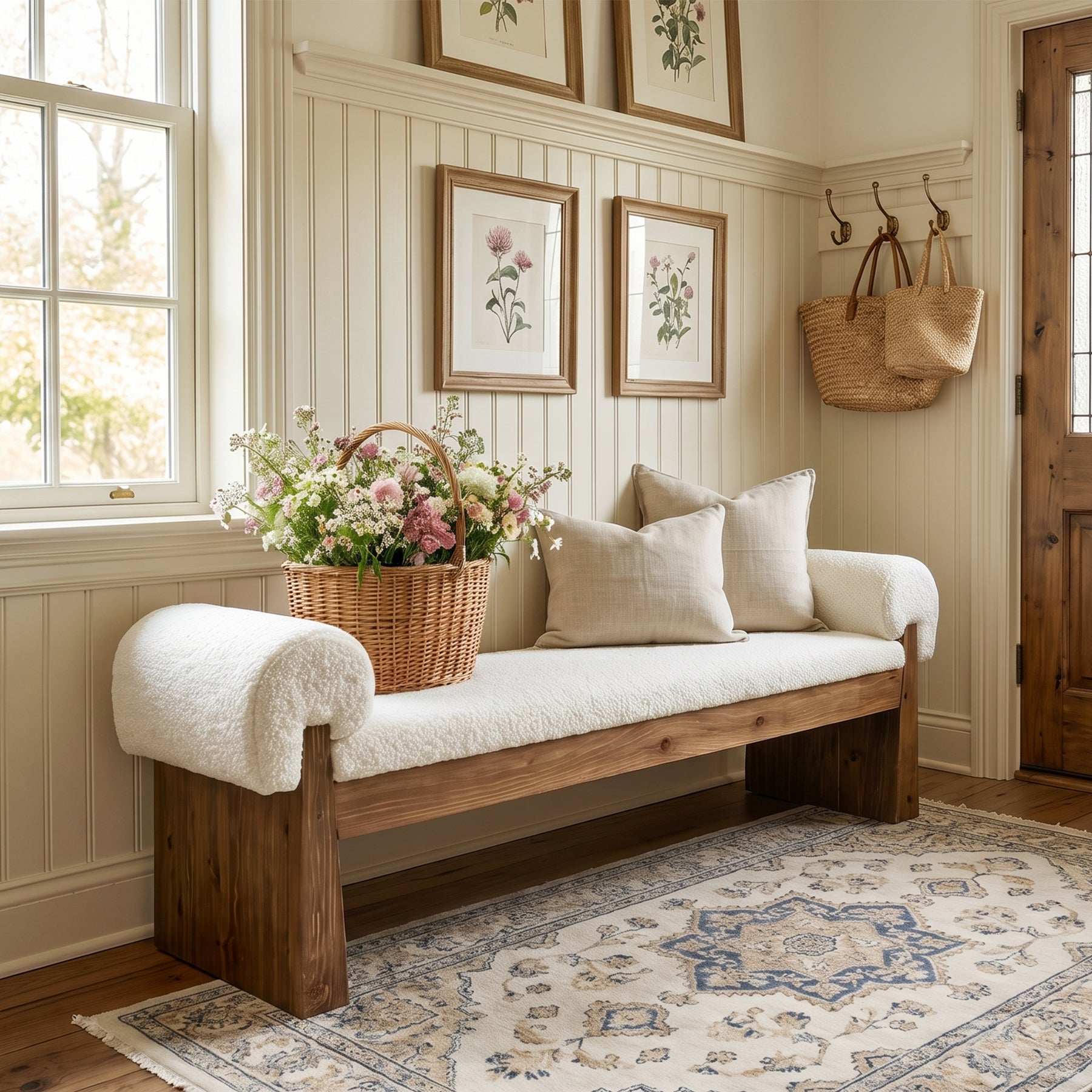 Solid Wood Cushioned Bench, Upholstered Entryway Bench End of Bed Bench