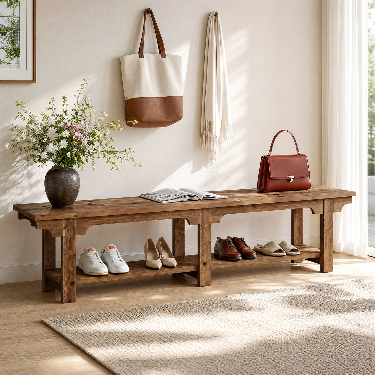 71" Entryway Bench, Farmhouse Solid Wood 2-Tier Shoe Storage Bench for Hallway