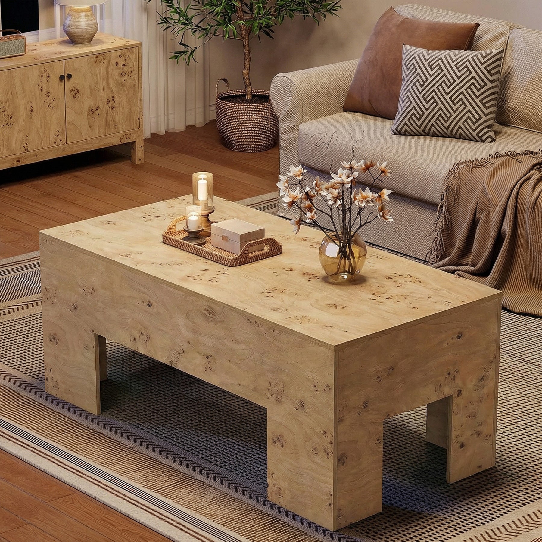 Tribesigns 55.12" Wood Coffee Table, Burl Veneer Center Table for Living Room