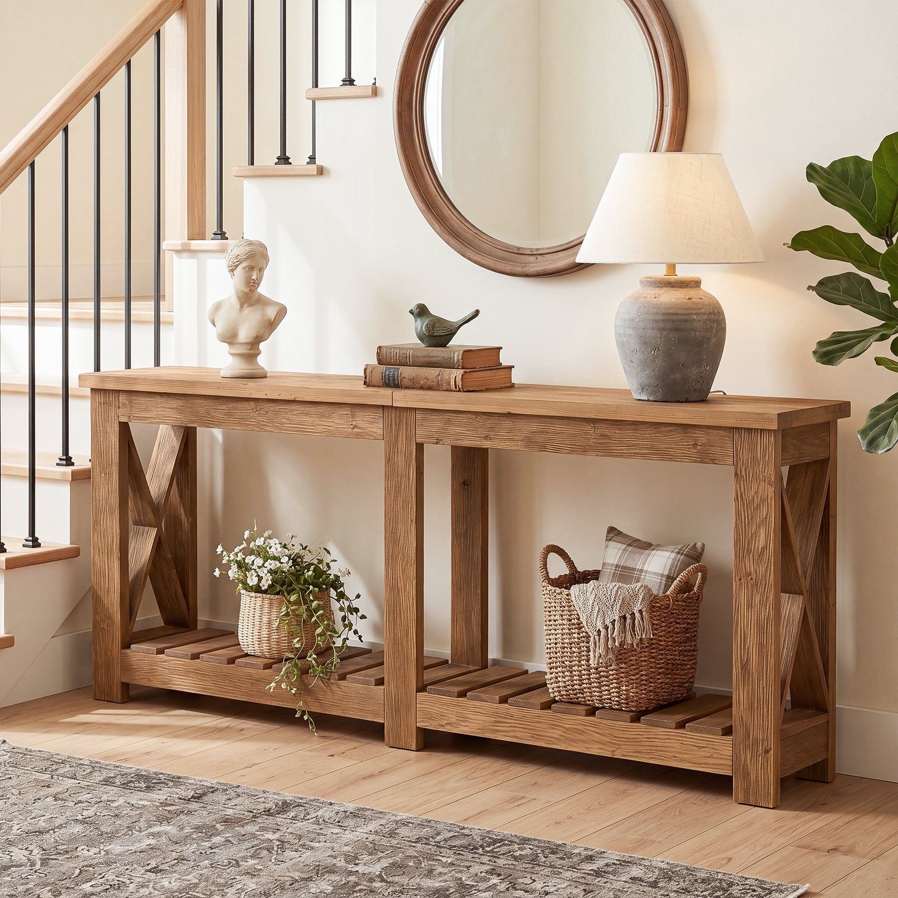 71" Solid Wood Farmhouse Console Table with Storage Shelves, Extra Long Sofa Table for Entryway & Hallway