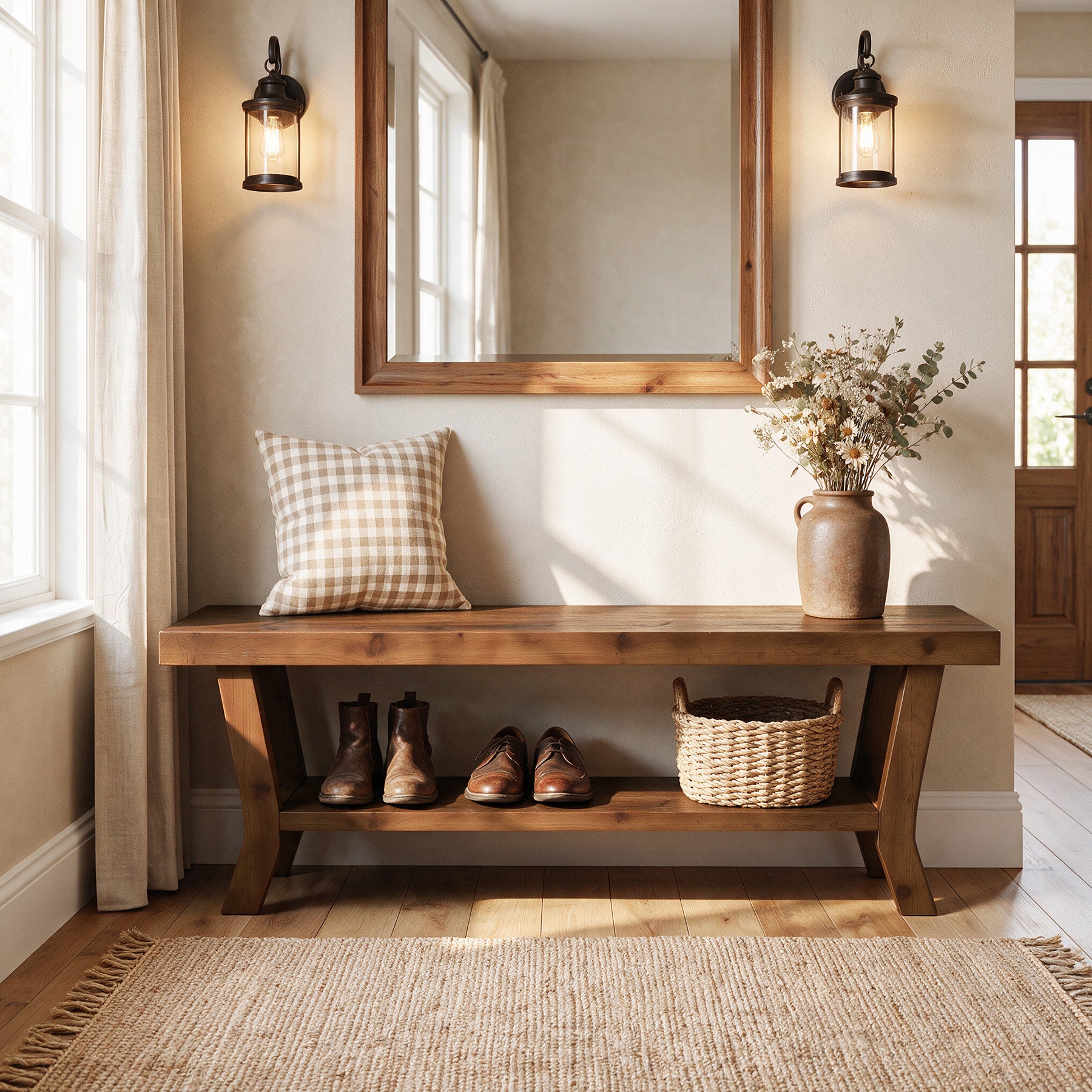 55-Inch Solid Wood Entryway Bench with Lower Shoe Shelf, Farmhouse Seat for Hallway