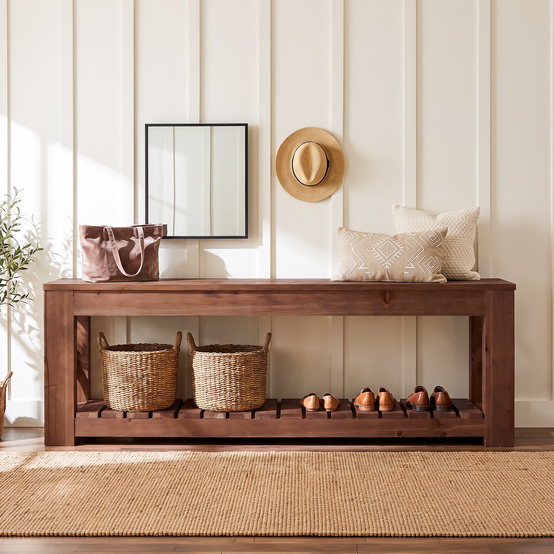 63" Solid Wood Entryway Bench, 2-Tier Shoe Storage Bench with Shelves for Hallway