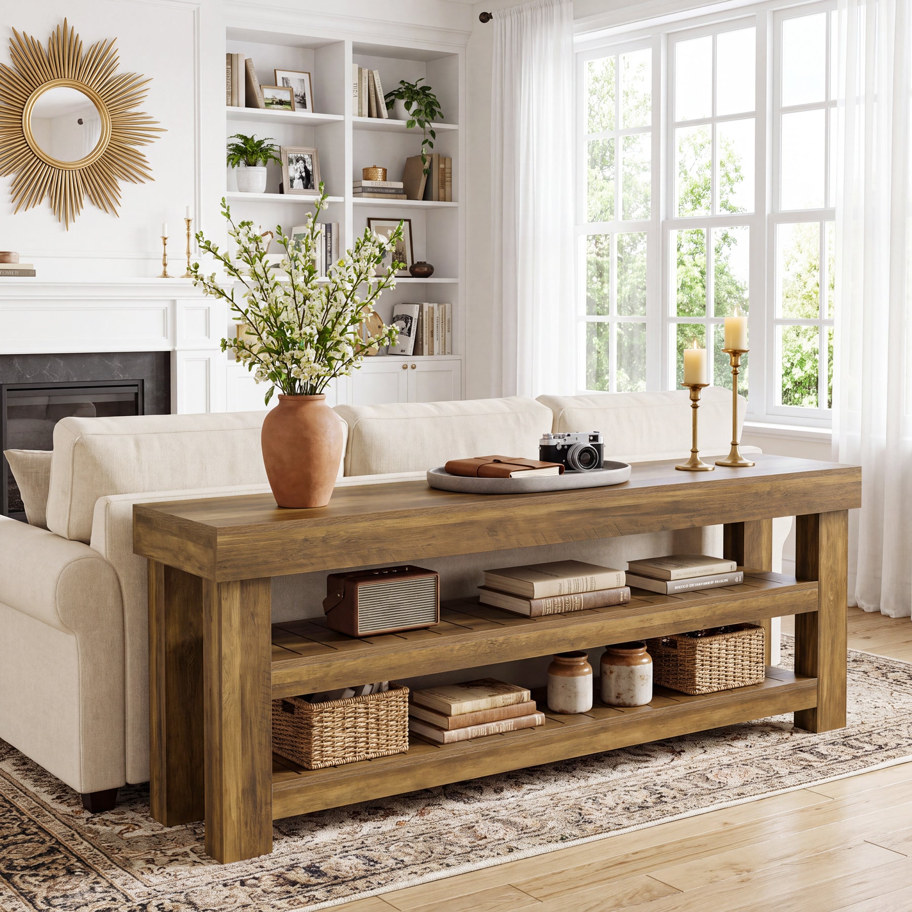 71" Extra Long Console Table with 2 Shelves, Narrow Rustic Farmhouse Sofa Table, Entryway