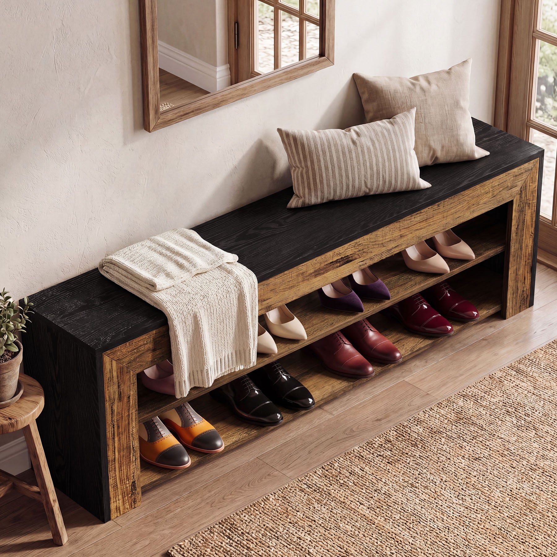 63" Entryway Shoe Bench, 3-Tier End of Bed Bench with Storage Shelves for Hallway