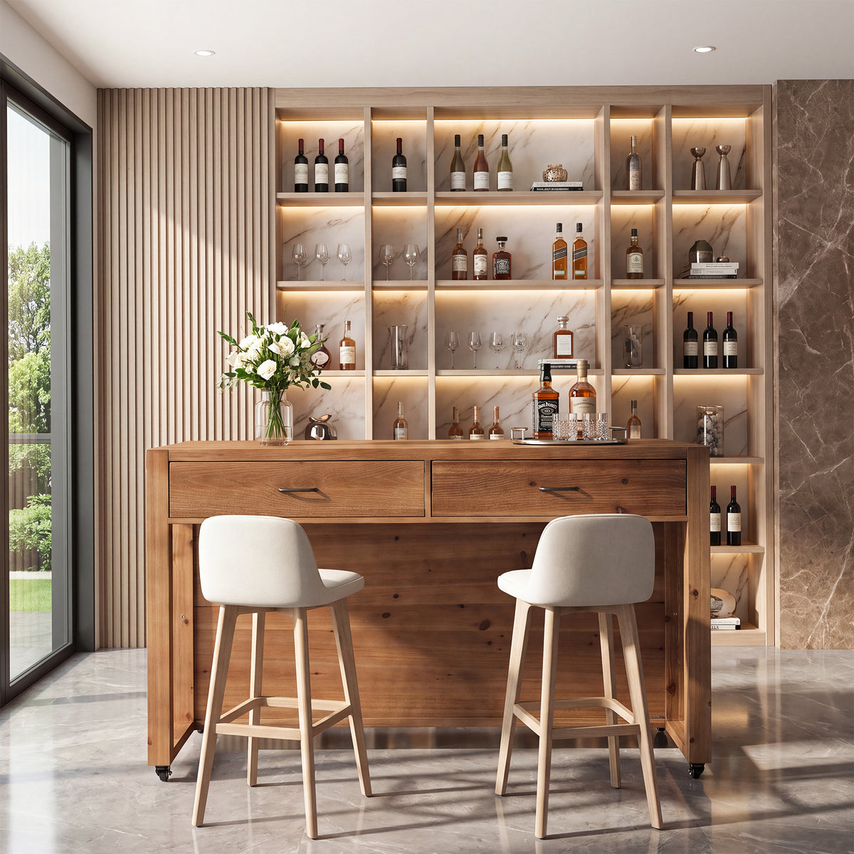 Rolling Bar Table, Solid Wood with 4 Drawers, 2-Tier Open Shelves & 4 Wheels