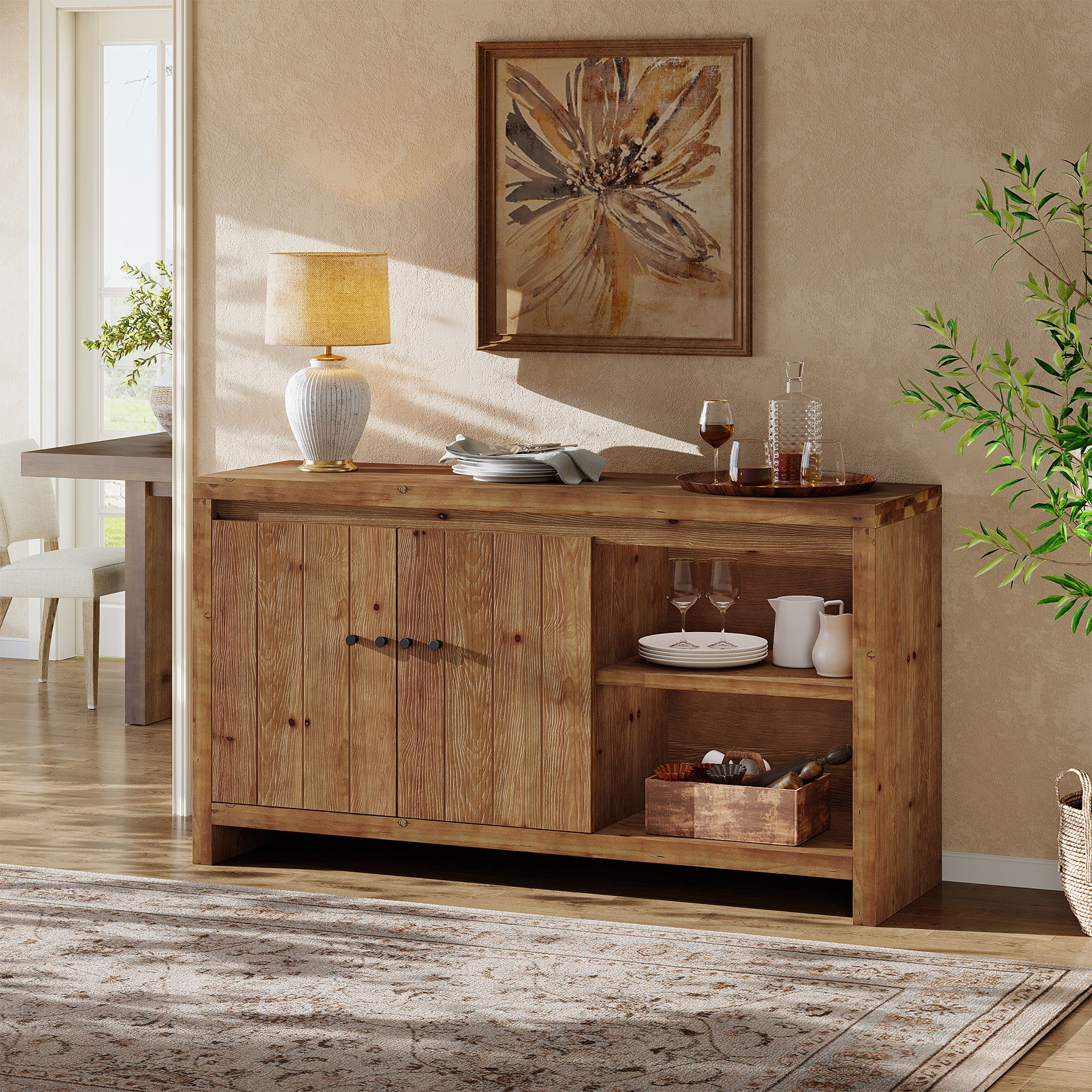 Solid Wood Buffet Sideboard, 55" Storage Cabinet with 2 Doors & Adjustable Shelves