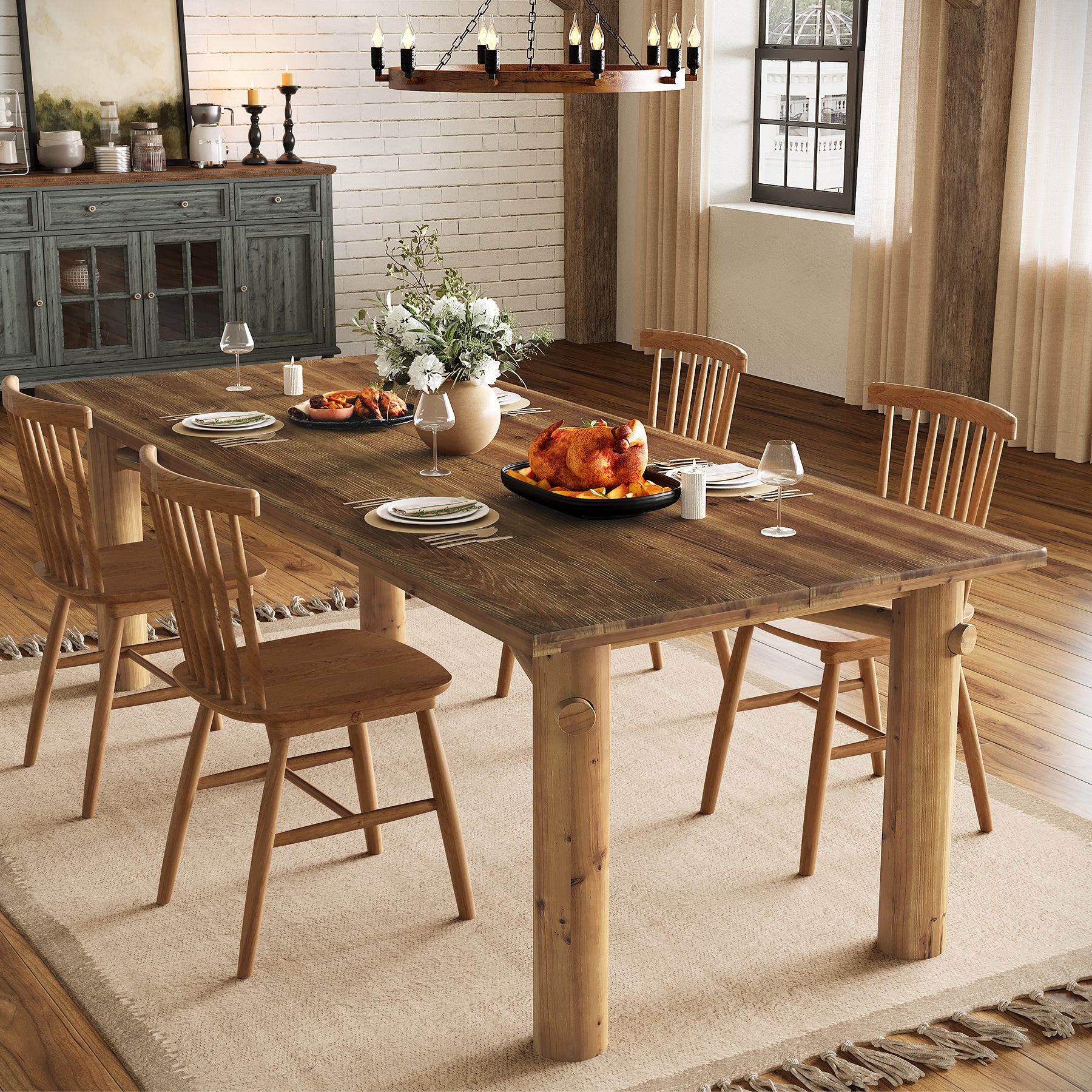 Solid Wood Dining Table for 6, 63" Rectangle  Kitchen Table with Strong Legs