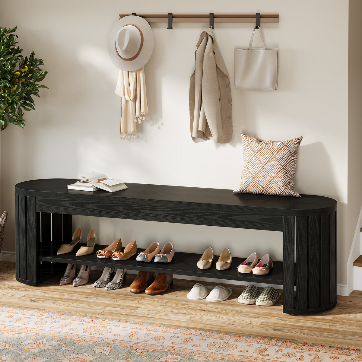63" Entryway Bench, 2-Tier Narrow Shoe Bench with Shoe Storage