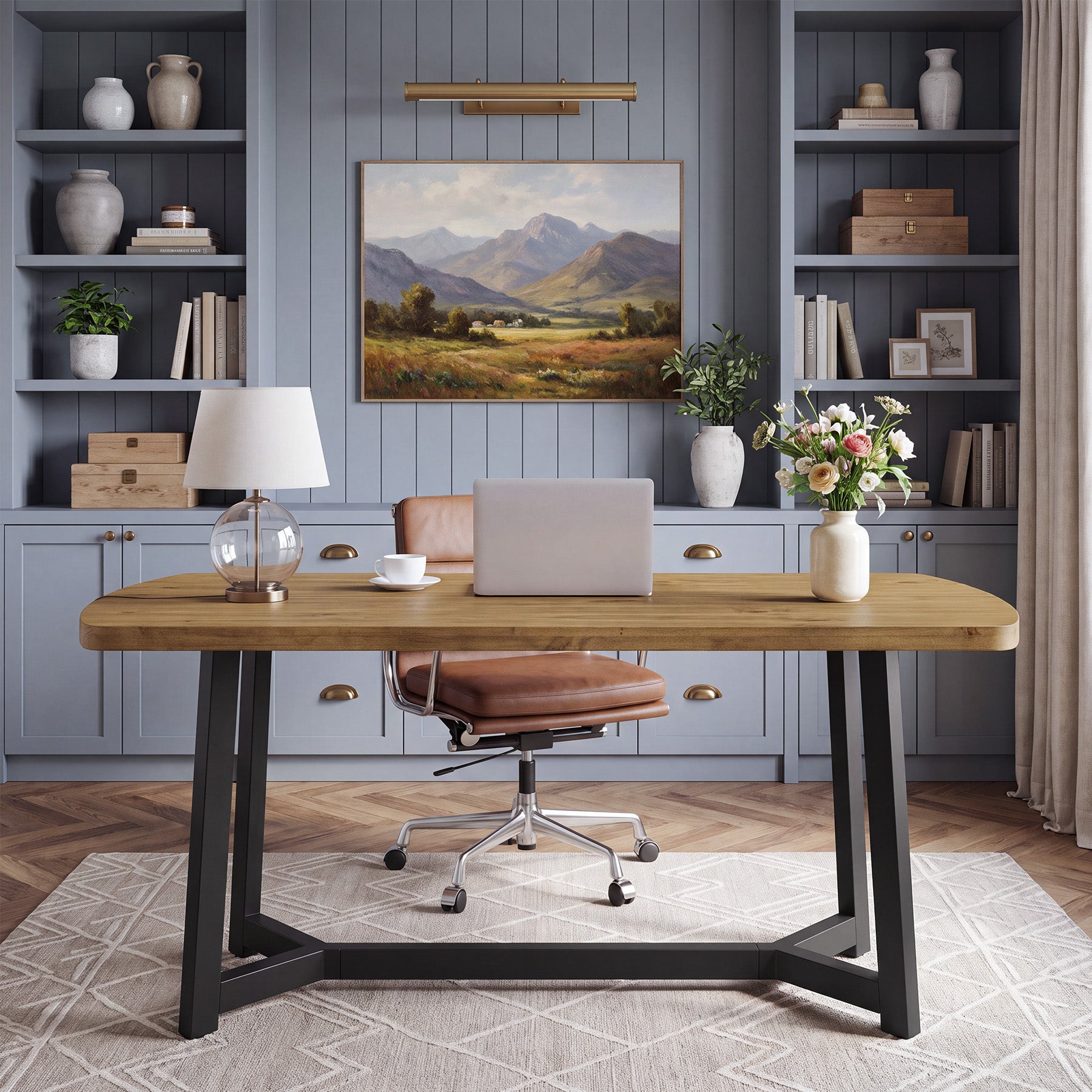 63" Modern Executive Desk, Solid Pine Wood Computer Desk for Home Office