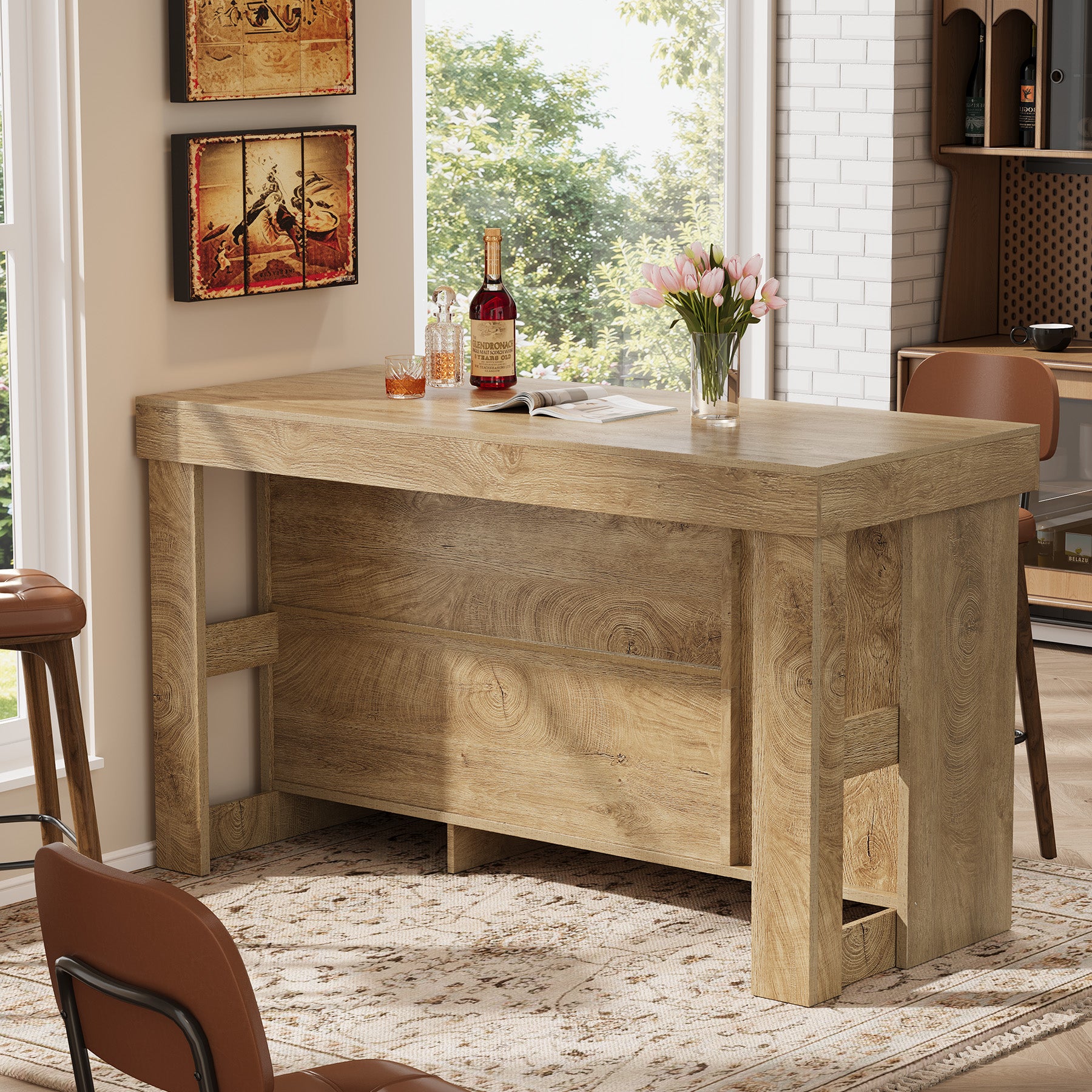 55" Kitchen Island with Trash Storage Cabinet, Farmhouse Island Table with 2-Tier Shelf